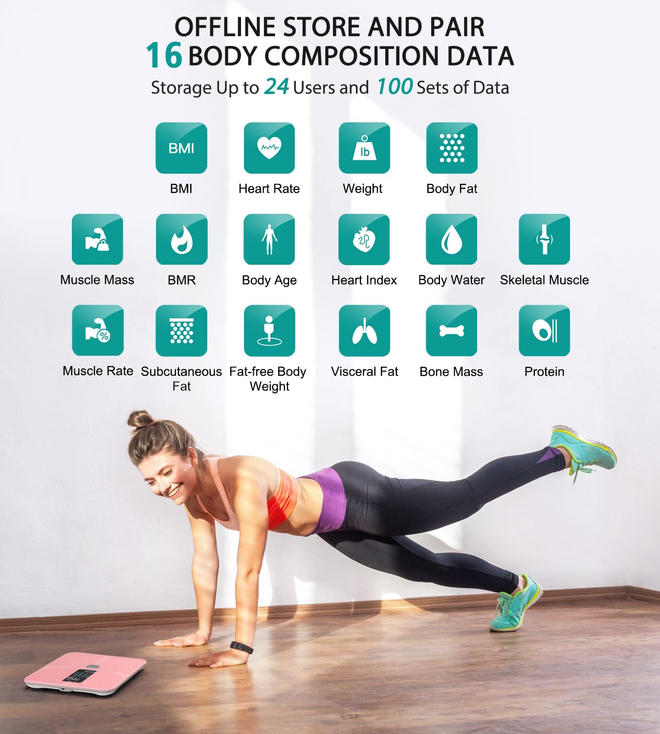 ABLEGRID Body Fat Scale,Digital Smart Bathroom Scale and Fat Percentage,Large LCD Display Screen,Rechargeable Body Composition Analyzer for BMI,Heart Rate,Baby Mode,400lb-Rosegold