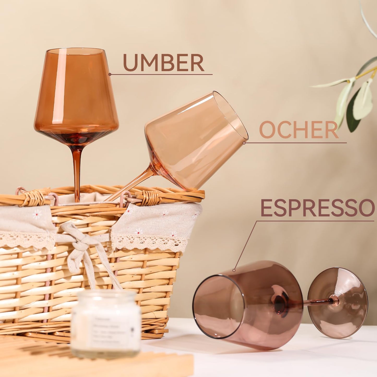 Venus Wine Glasses Set of 6-18oz【Hand Blown】 Crystal Amber Stemmed Wine Glasses-Brown Wine Glass Set for Fall Autumn Winter Wine Dinner