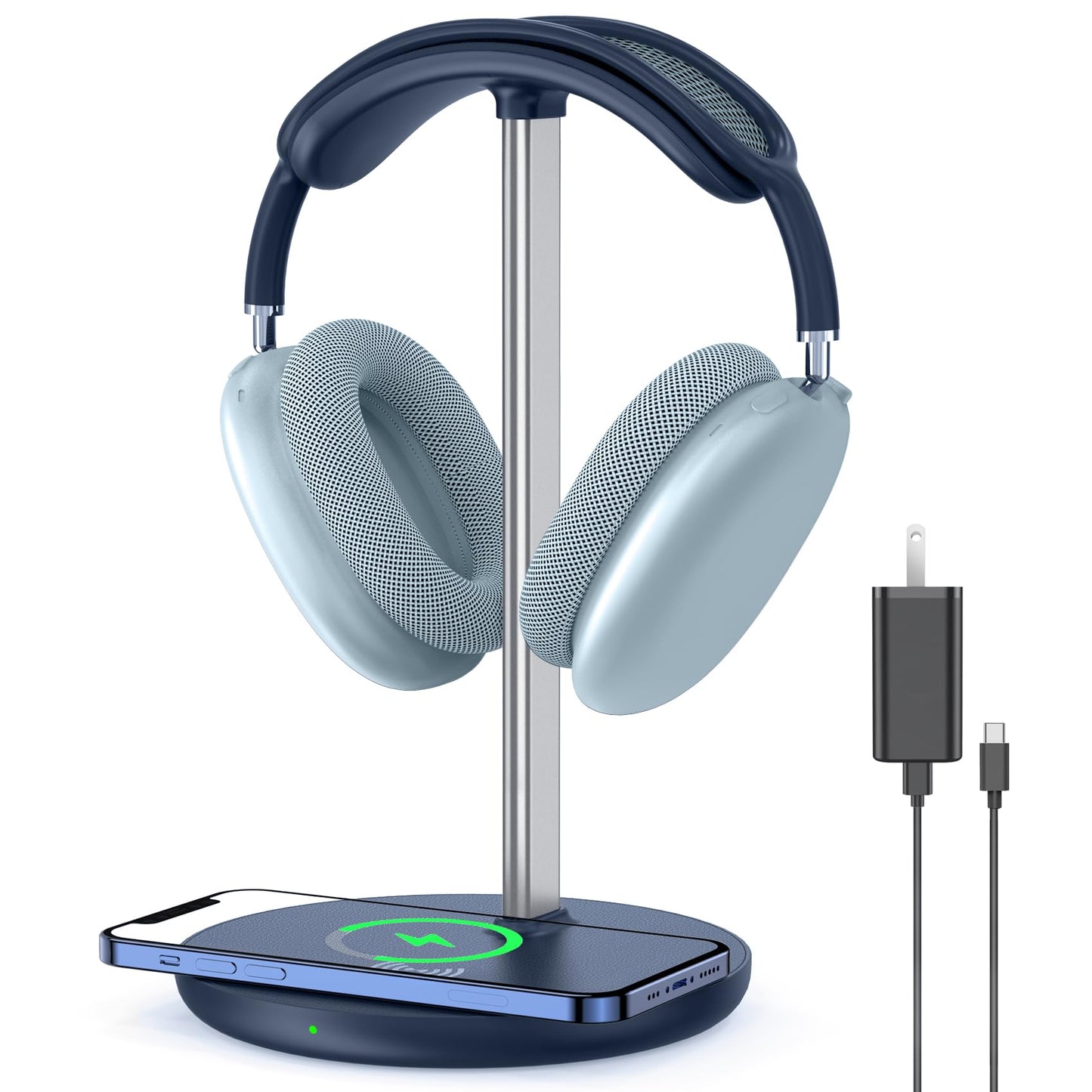 Headphone Stand with Wireless Charger, Gaming Headset Holder Hanger Rack 2 in 1 Wireless Charging Station Dock for iPhone 15/14/13/12/11 Series, Samsung, AirPods Pro/3/2, Aluminum Alloy Rod, Navy Blue