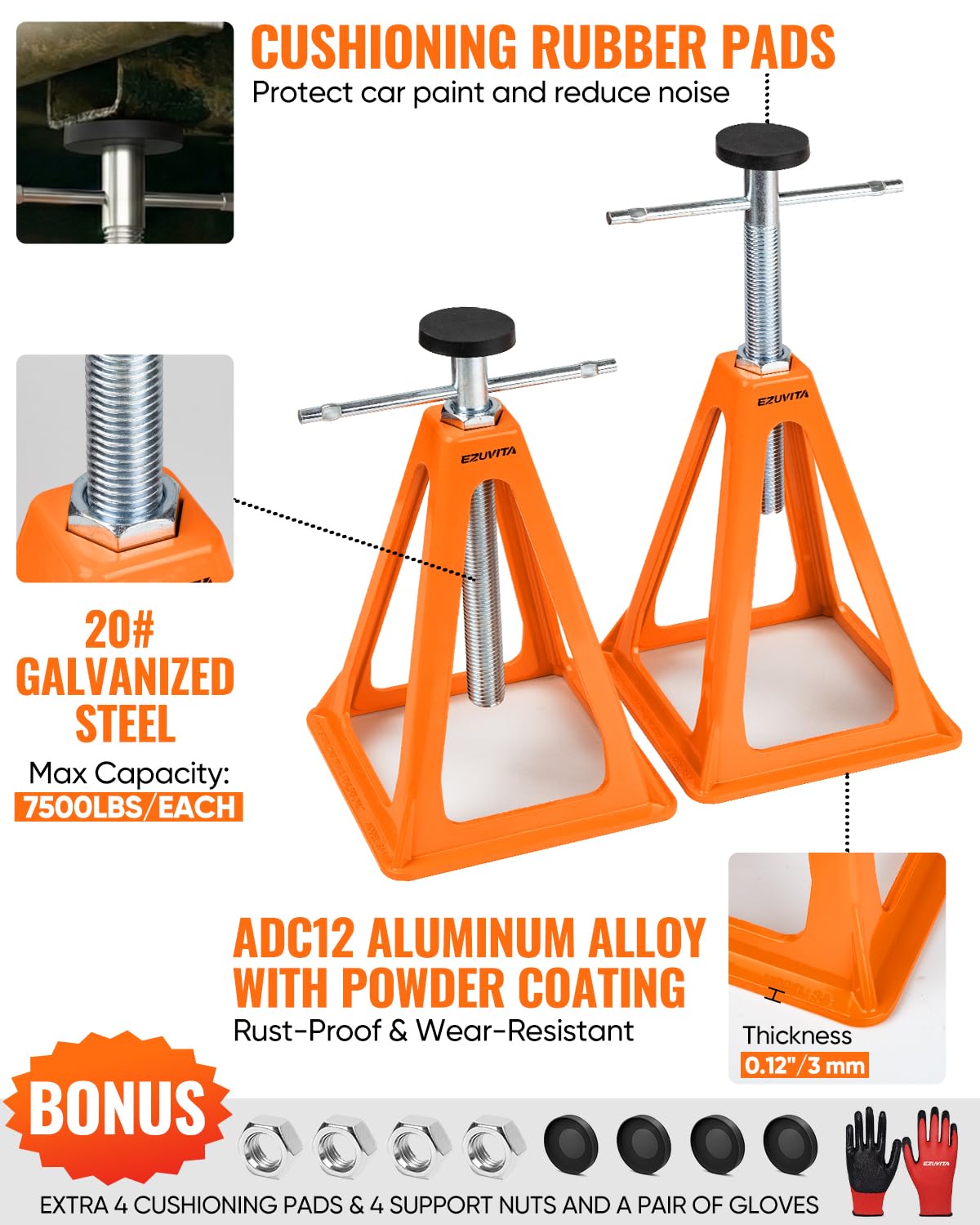 EZUVITA4-Pack RV Stabilizer Jacks – Each Supports Up to 7500 Lbs, Adjustable 11"–17", Heavy Duty Aluminum with Spare Nuts, Rubber Pads & Gloves for Travel Trailer Camper, Motorhome