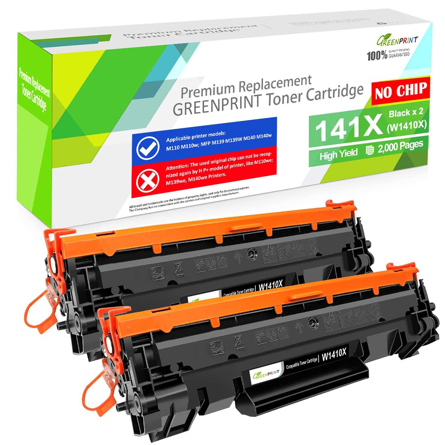 Can't Work with H P + Printer Model End with ''e'' 【NO CHIP, with Tool】 Compatible Toner Cartridge 141X W1410X ( W1410A, 141A ) 2 Blacks High Yield, 2000 Pages for M110 M110w MFP M139 M140 M140w