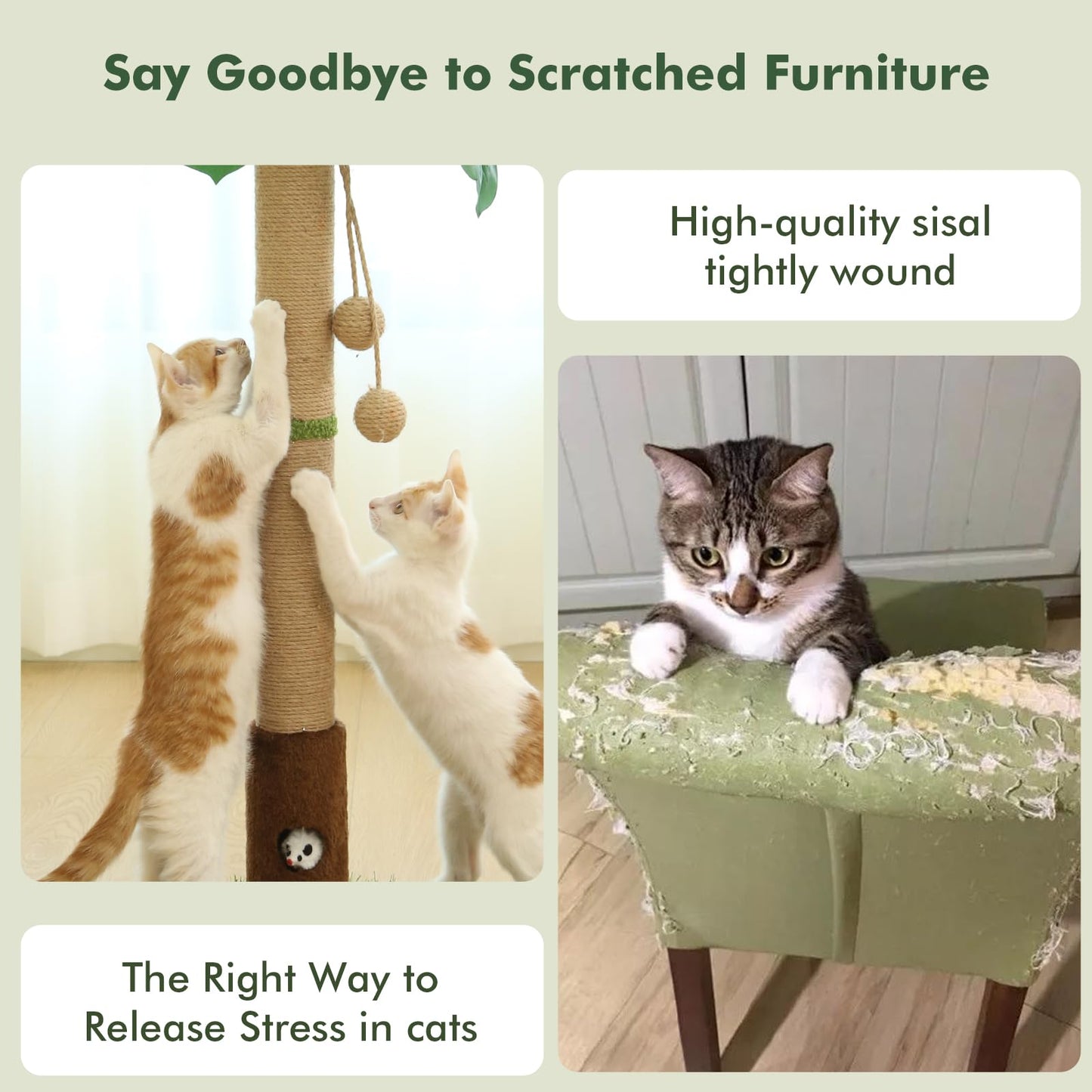 Cat Scratching Post, 35.4 Inch Tall Cat Scratching Post for Indoor Cats with Cat Toy, Mouse Hole and Interactive Wooden Ball for Kittens, Adults, Cats