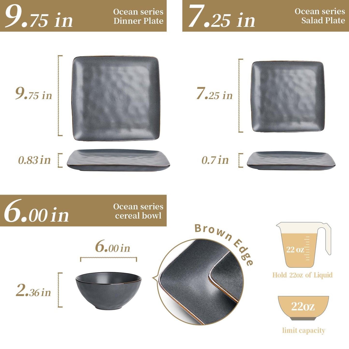 Richmount Dinnerware Sets for 4, Ocean Square 12-Piece Kitchen Plates and Bowls Sets, Microwave and Dishwasher Safe, Scratch Resistant, Matte Black