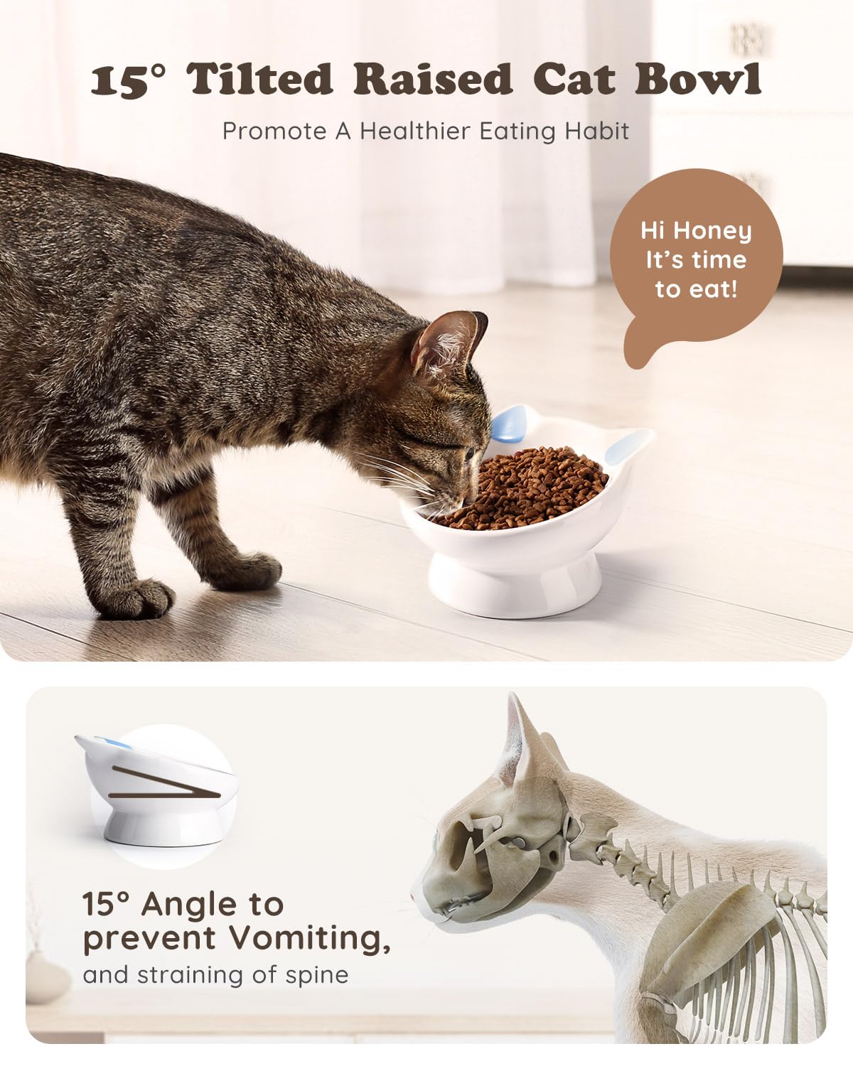 2Pcs Raised Cat Food Bowl Ceramic 15° Tilted Food Bowls Protect Cat's Spine Anti Vomiting Backflow Prevention Cat Bowls for Adult Kitten, and Small Dogs, Blue