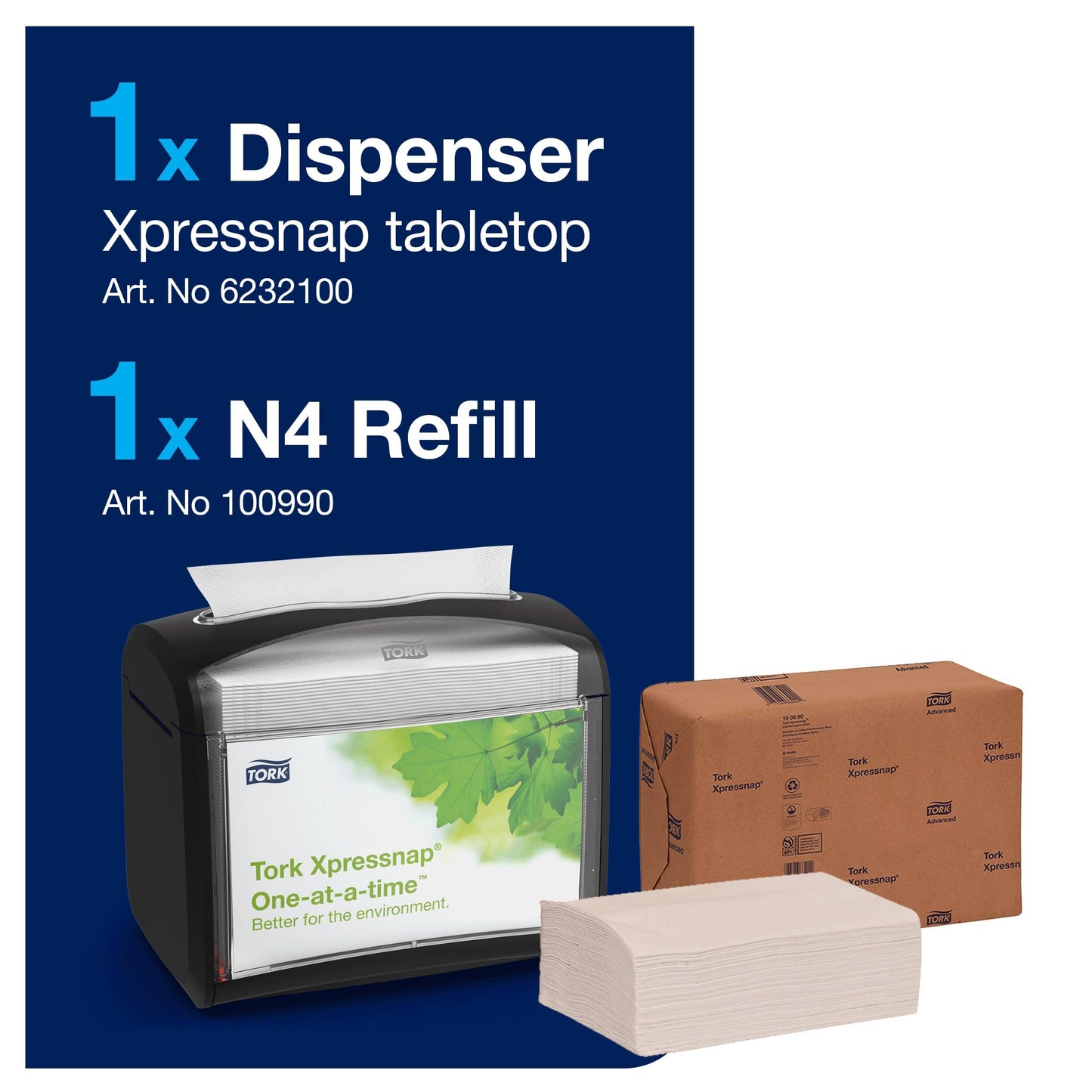 Tork Xpressnap Tabletop Napkin System Starter Pack Black N4, Dispenser and 1 x 500 One-at-a-Time Dispensing Napkins, 80062300