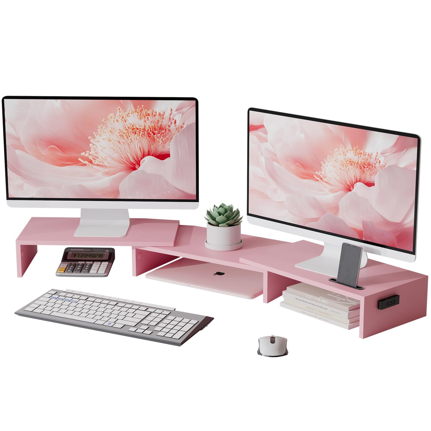 BONTEC Dual Monitor Stand for Desk, Adjustable Length and Angle Monitor Stand Riser with Smartphone Holder, Desk Shelf for Top of Desk, Computer Monitor Stand with Storage, Office Desk Organizer, Pink
