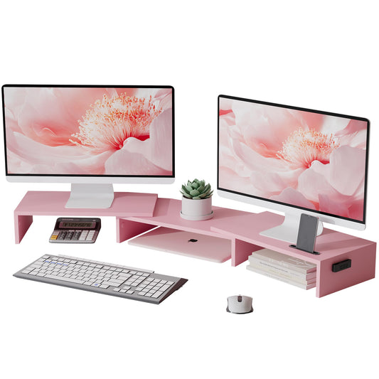 BONTEC Dual Monitor Stand for Desk, Adjustable Length and Angle Monitor Stand Riser with Smartphone Holder, Desk Shelf for Top of Desk, Computer Monitor Stand with Storage, Office Desk Organizer, Pink