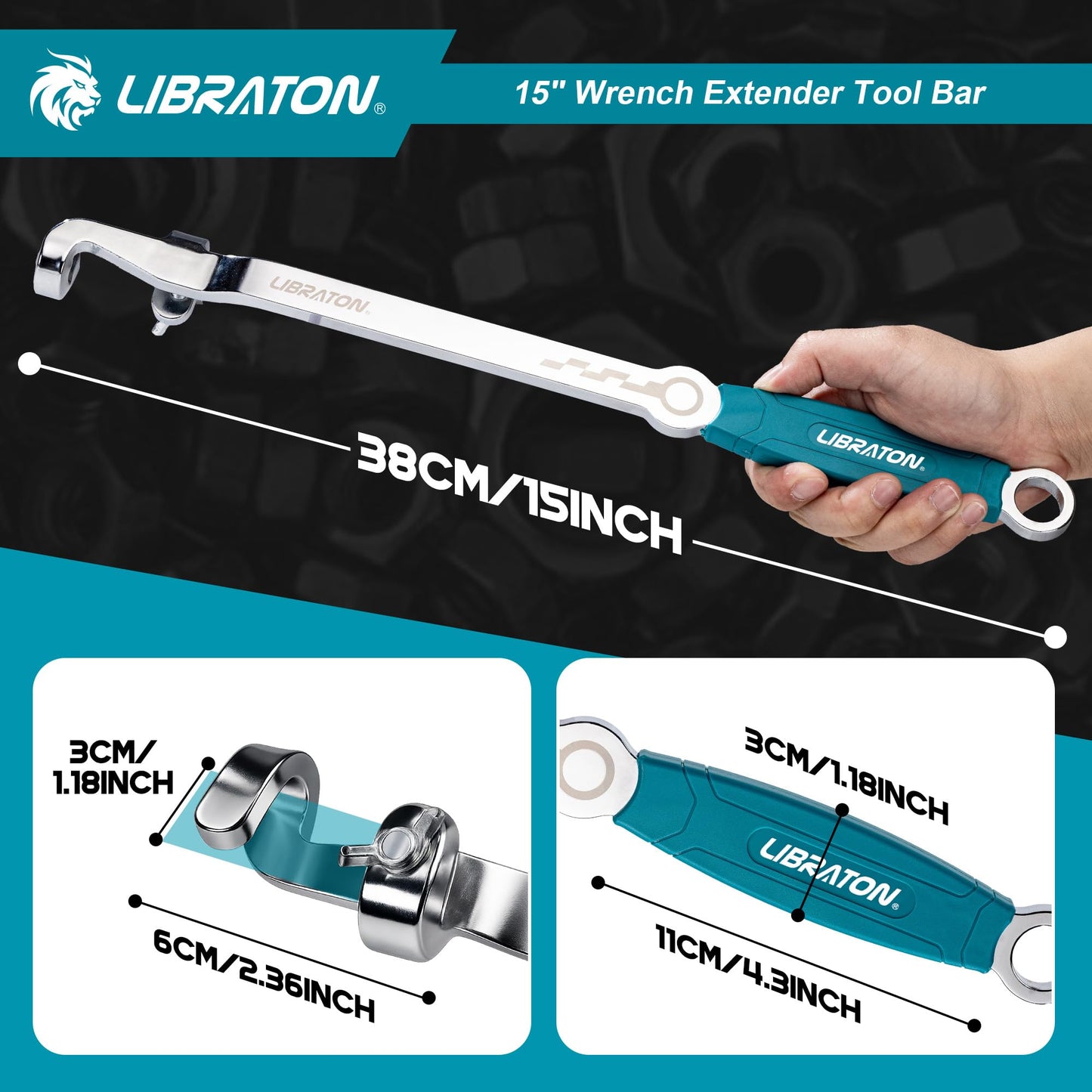 LIBRATON 15" Wrench Extender Tool Bar, Heavy Duty Universal Wrench Extender for Maximum Leverage, Torque Adaptor Extension for Automotive Repair & Mechanic, Extension Wrench with Non-Slip Grip