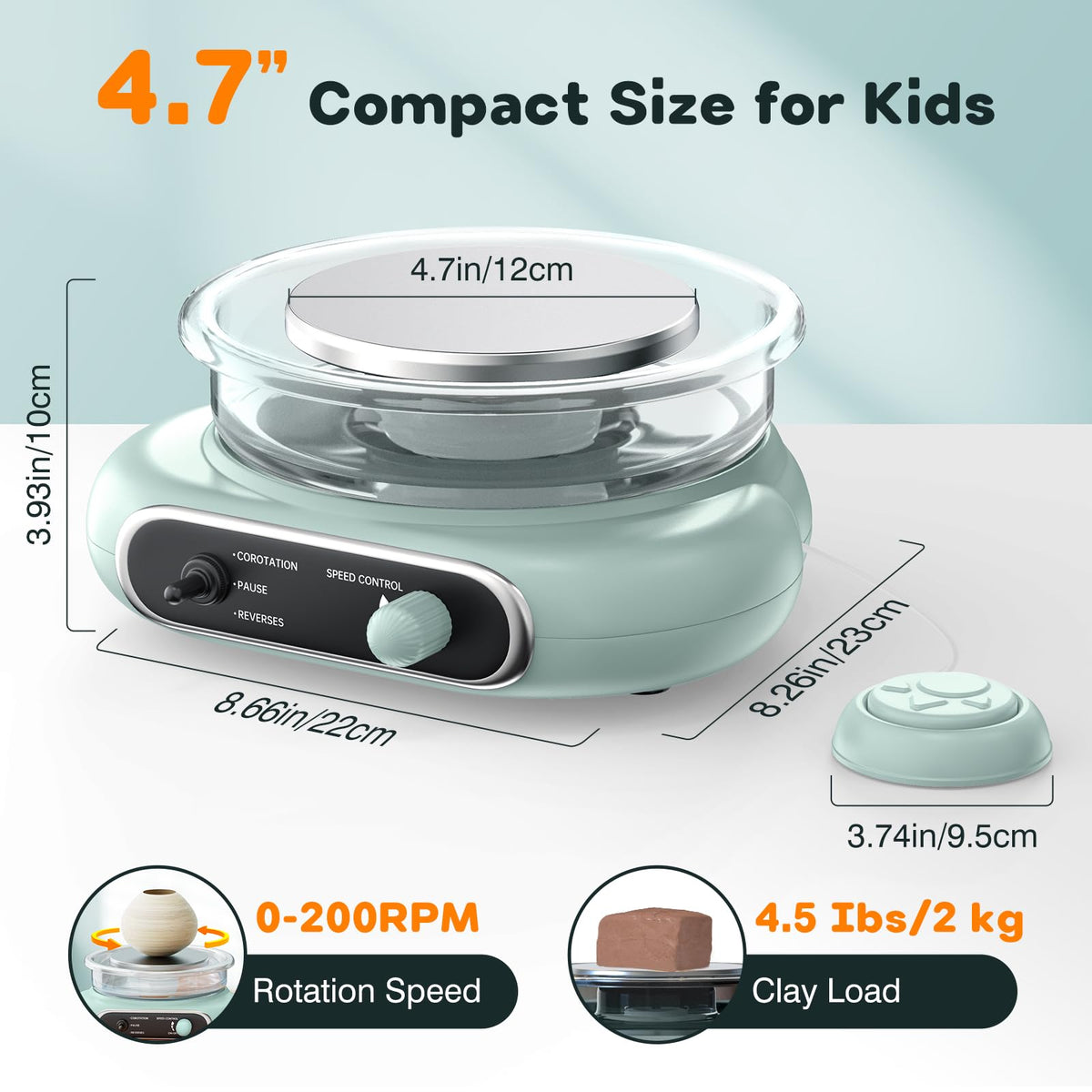 Alldeer Mini Pottery Wheel Kit - 4.7" Electric Clay Wheel with Foot Pedal, Adjustable Speed & Forward/Reverse Rotation Ceramic Wheel, Tiny Clay Spinner for Adults and Beginners (Green)