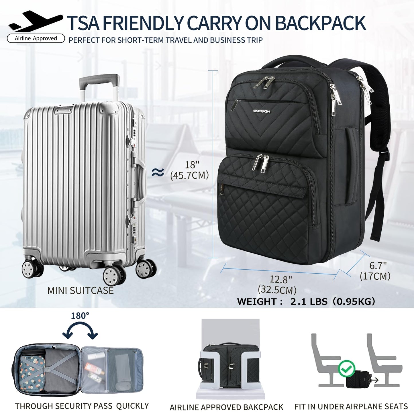 EMPSIGN Travel Backpack for Women, Large Carry On Backpack Airline Approved Personal Item Travel Bag, 17 inch TSA Friendly Laptop Backpack with USB Port, Casual Daypack Business Backpack, Black
