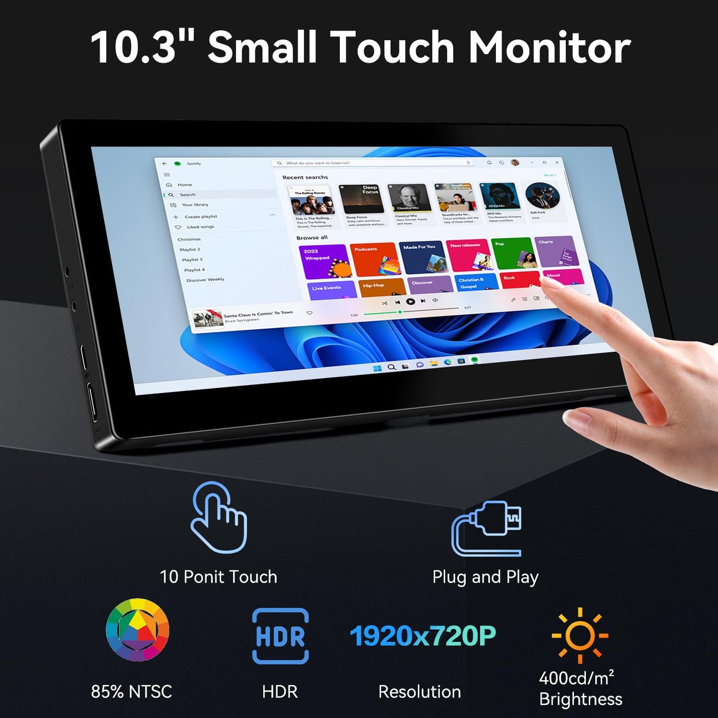 10.3'' Small Touchscreen Monitor, 400cd/m², VESA, IPS Stretched Bar LCD Mini Travel Touch Display 1920 * 720 HDMI USBC, Portable Touch Screen for Laptop Computer Windows Aida64 GPU CPU RAM Monitoring