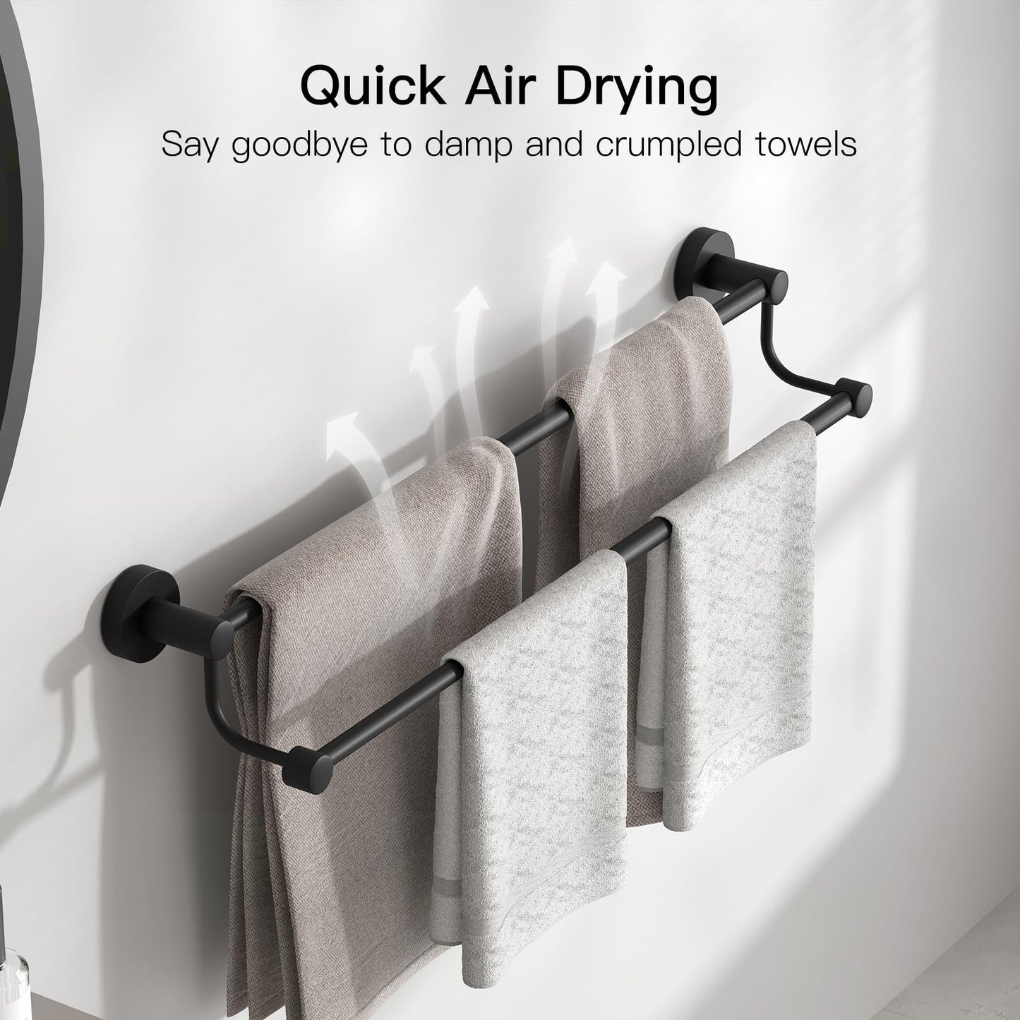 BESy Adjustable 16-26 Inches Double Towel Bar for Bathroom SUS304 Stainless Steel Towel Holder, Hotel Style Wall Mount with Screws Hand Towel Bar Towel Rack Rod Hanger, Matte Black Finish