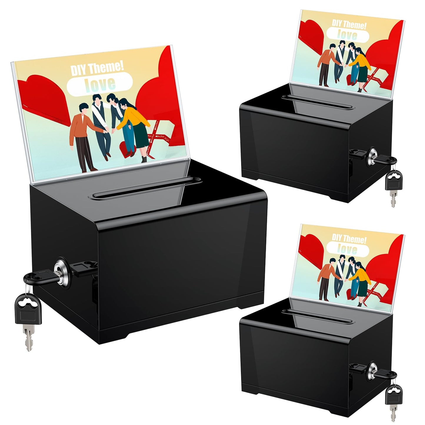 Uniclife 3 Pack Black Acrylic Donation Box for Fundraising Suggestion Box with Slot and Lock Plastic Ballot Box with Sign Holder Storage Container for Voting Charity Tip Collection, 6.2" x 4.7" x 4"