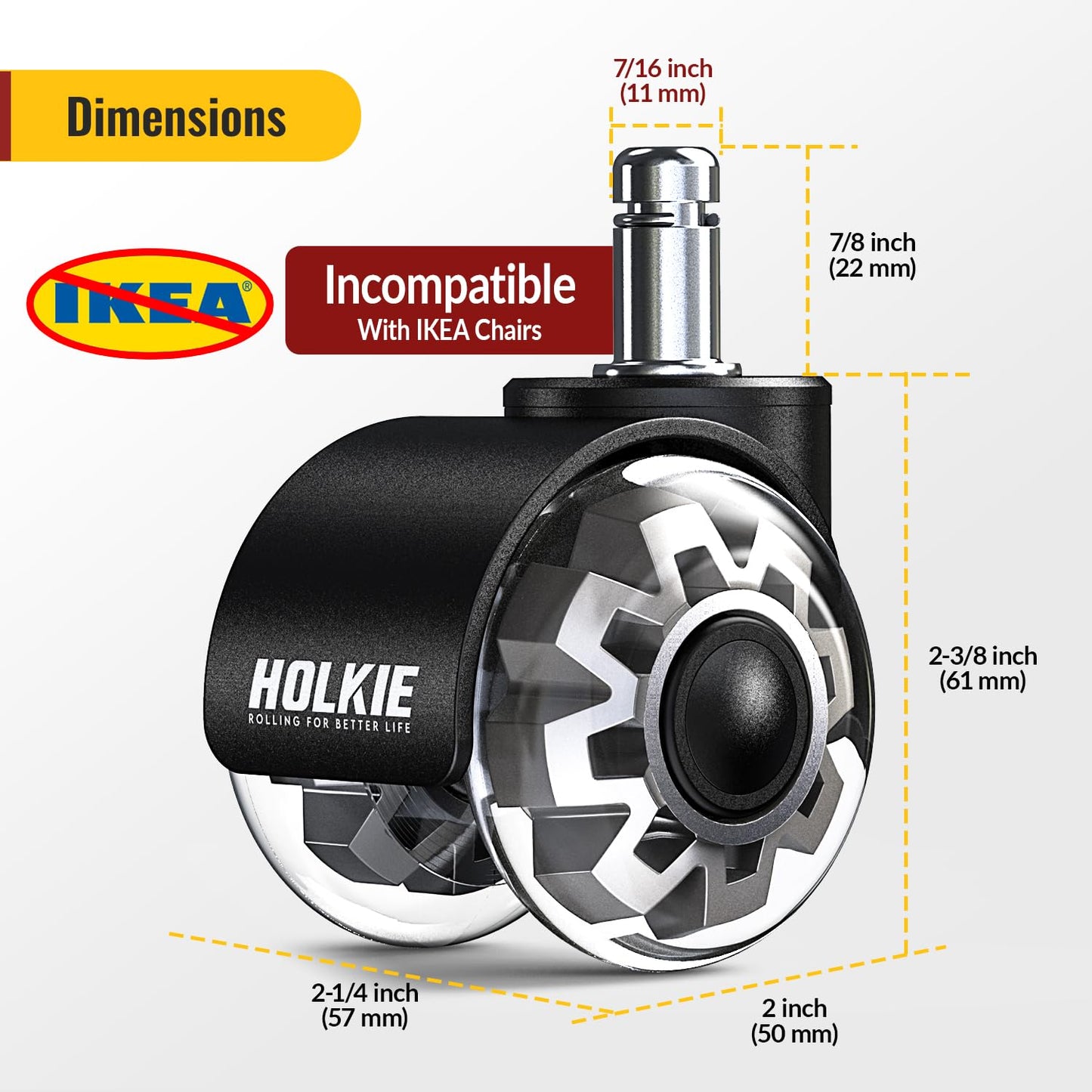 HOLKIE Office Chair Wheels Replacement 11x22mm Universal Fit 2 Inch Casters 10 Pack Grey Dual Rubber Smooth & Quiet Rolling Desk Wheels-Set of 10 for Hardwood & Carpet Computer Gaming Chair Wheels