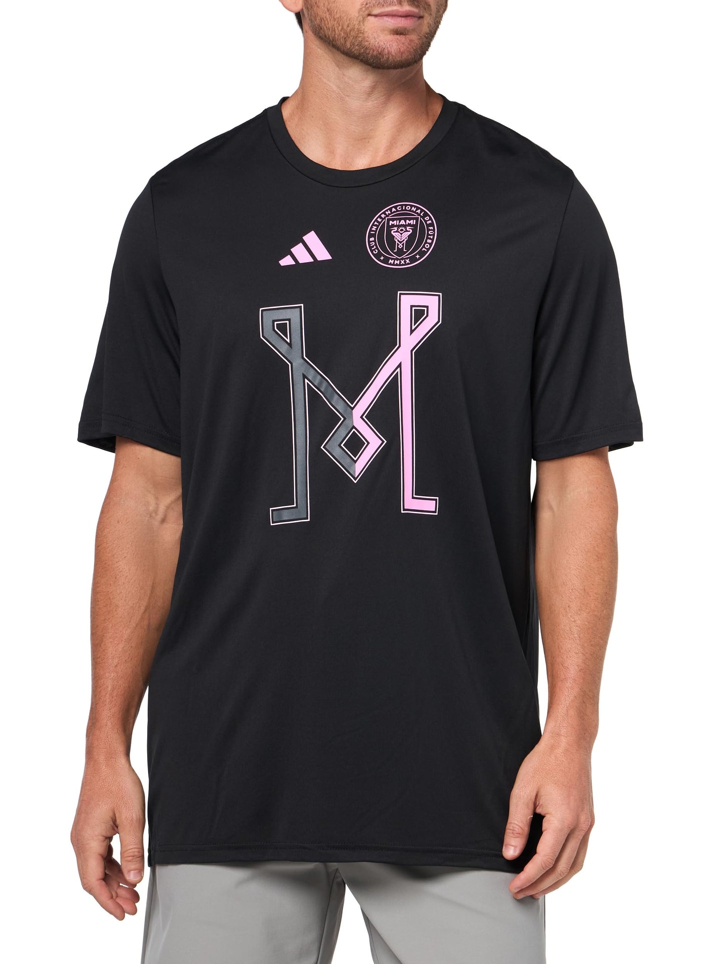adidas Mens Inter Miami CF Pre-Game Short Sleeve Soccer T-Shirt,Black/Club Inter De Futbol Miami,Large