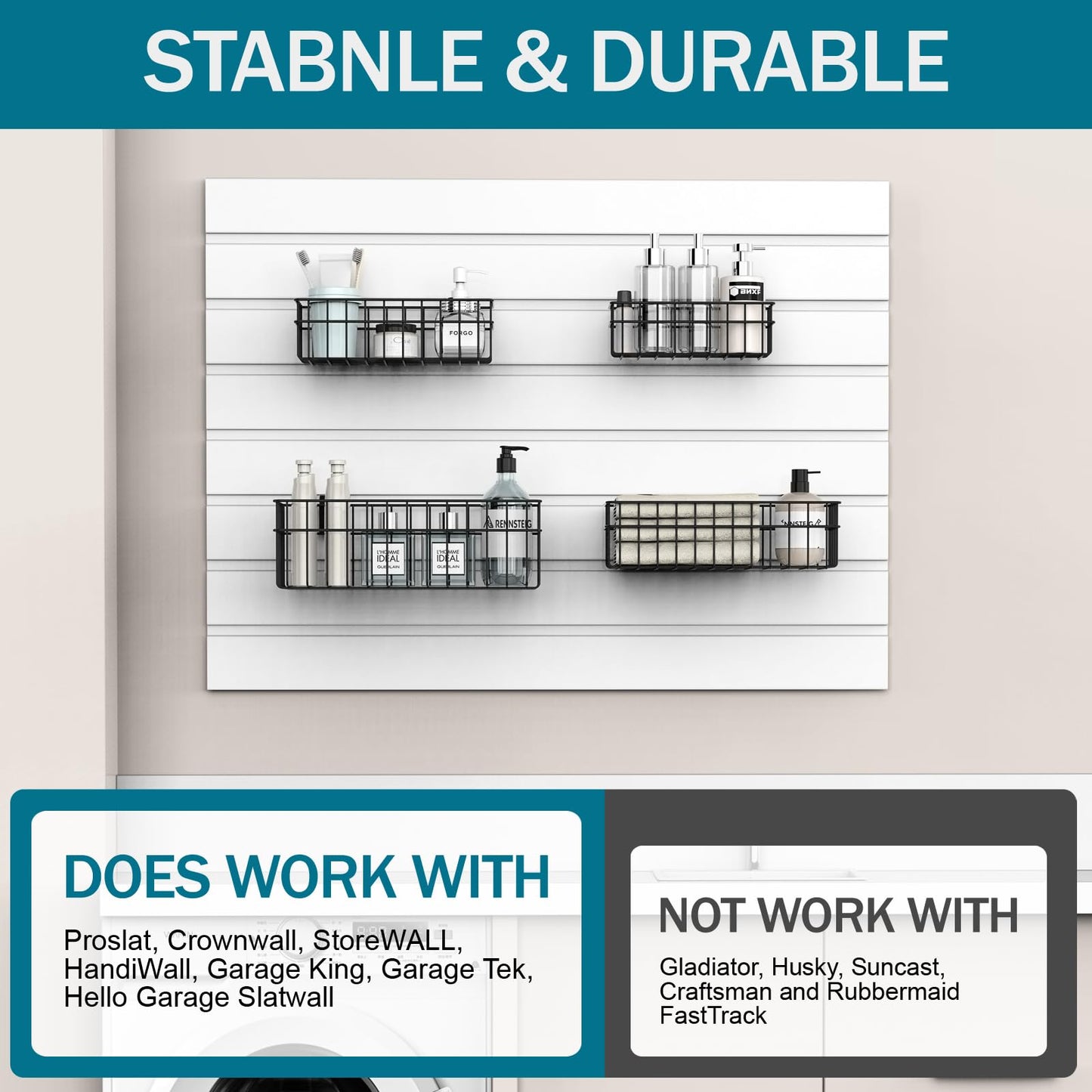 DAANXW 4 Pack Large Slatwall Baskets Set, Ventilated Metal Hanging Storage Slat Wall Basket, Mounted Slatwall Accessories for Garage Storage Organizing Display on Slatwall Panels bins (Black)