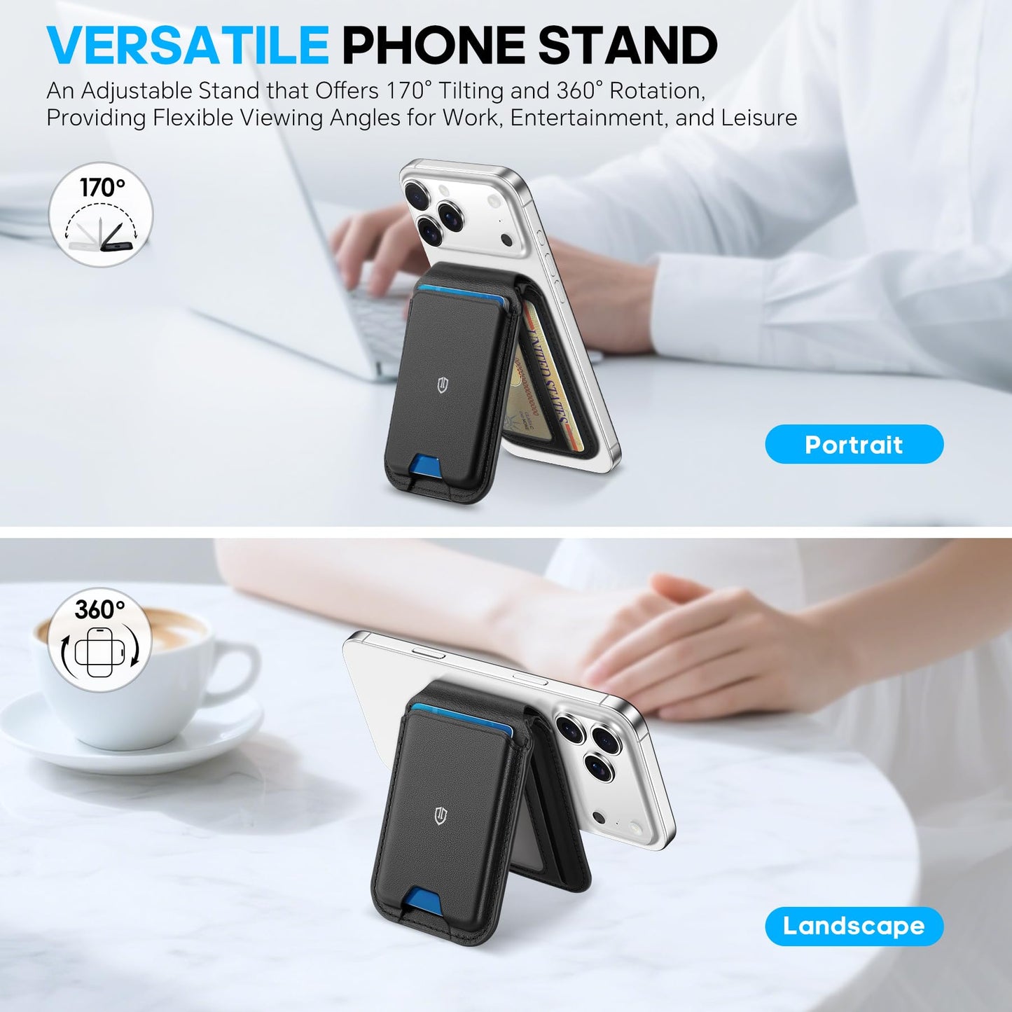 SHIELDON Genuine Leather Wallet Stand, Strong Magnetic Phone Wallet, Angle Adjustment, 6 Card Holders, RFID Blocking, Compatible with iPhone 17 Pro/Max/Plus, 16/15/14/13/12 - Nappa Black