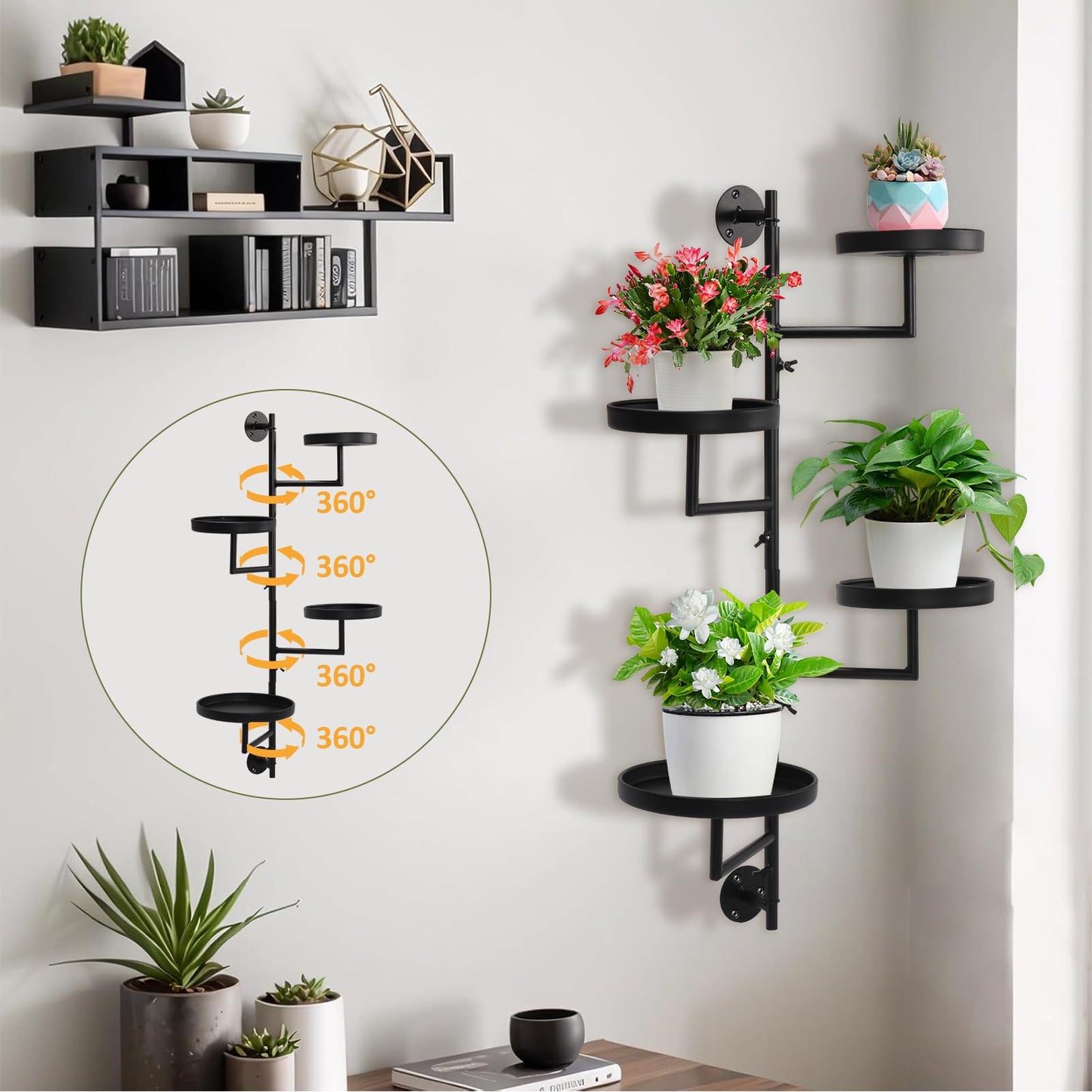 Tefola 4 Tier Rotating Window Plant Wall Shelves Indoor, Metal Vertical Plant Stand, Window Planters Hanger, Wall Plant Holder for Multiple Plants Home Decor Wall Decor, Easy Install