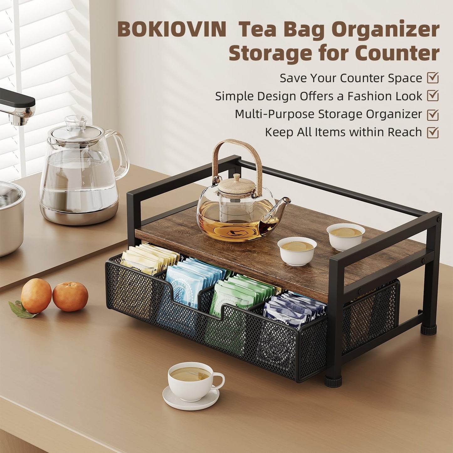 Metal Tea Bag Box Organizer Storage, Tea Bag Holder Organizer Caddy with Drawer,Tea Station Chest Container Accessories,Black (2 Tier)
