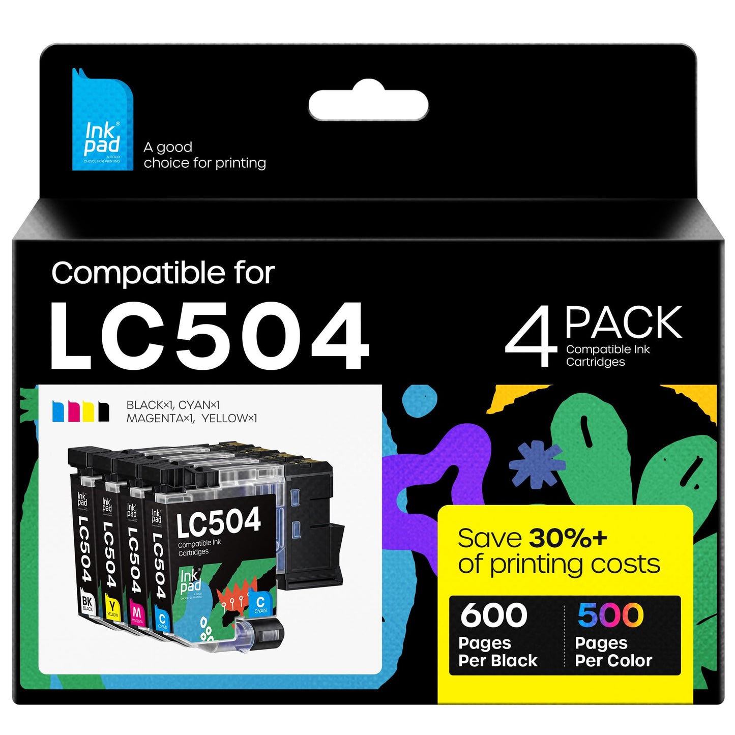 LC504 Ink Cartridges Compatible for Brother Printer LC 504 Ink Cartridges Work for MFC-J1365DW MFC-J1355DW MFC-J1367DW (Black Cyan Magenta Yellow, 4PK)