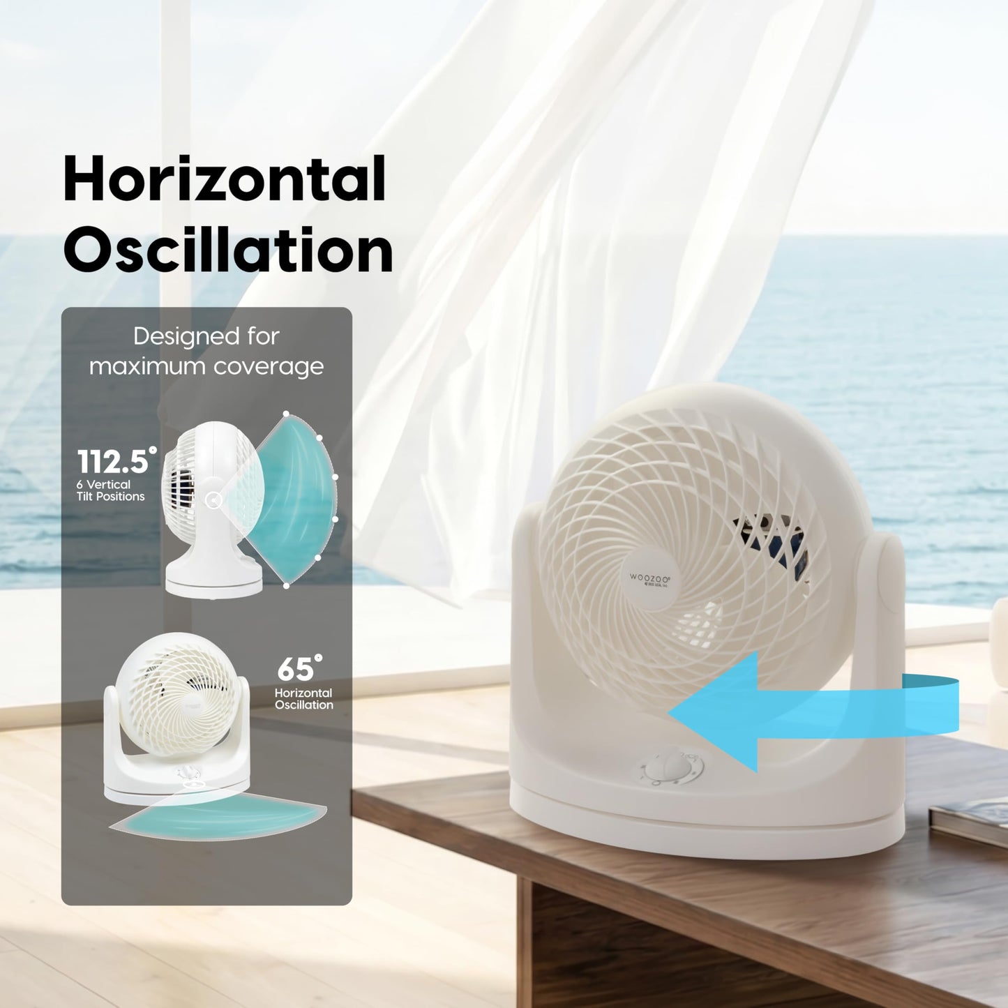 IRIS USA WOOZOO Desk Fan with Remote, Oscillating Table Air Circulator, 3 Speeds, 52ft Max Air Distance, 112° Adjustable Tilt, 30db Low Noise Motor, Small Fan for Bedroom, Office, Dorm, White