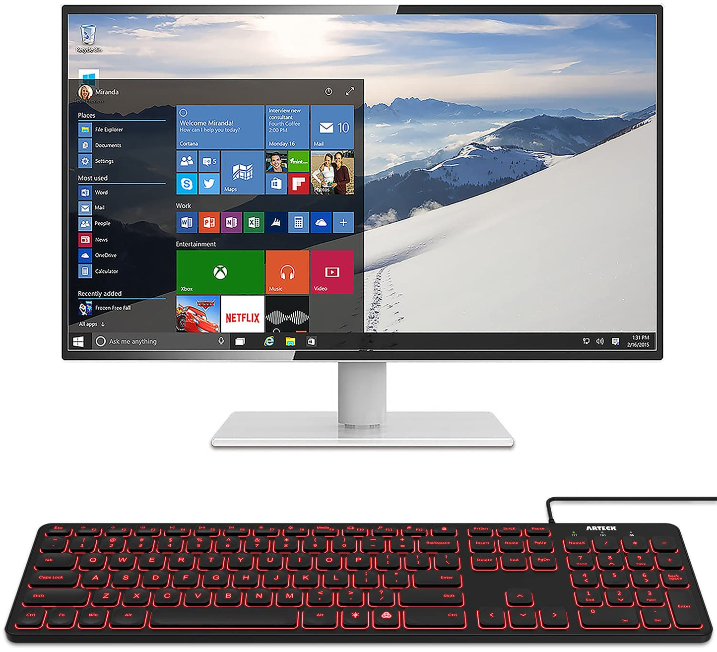 Arteck USB Wired Keyboard Universal Backlit 7-Colors & Adjustable Brightness Full Size Keyboard with 4 Feet Wire, Numeric Keypad and Media Hotkey for Computer Desktop PC Laptop and Windows 11 10 8 7