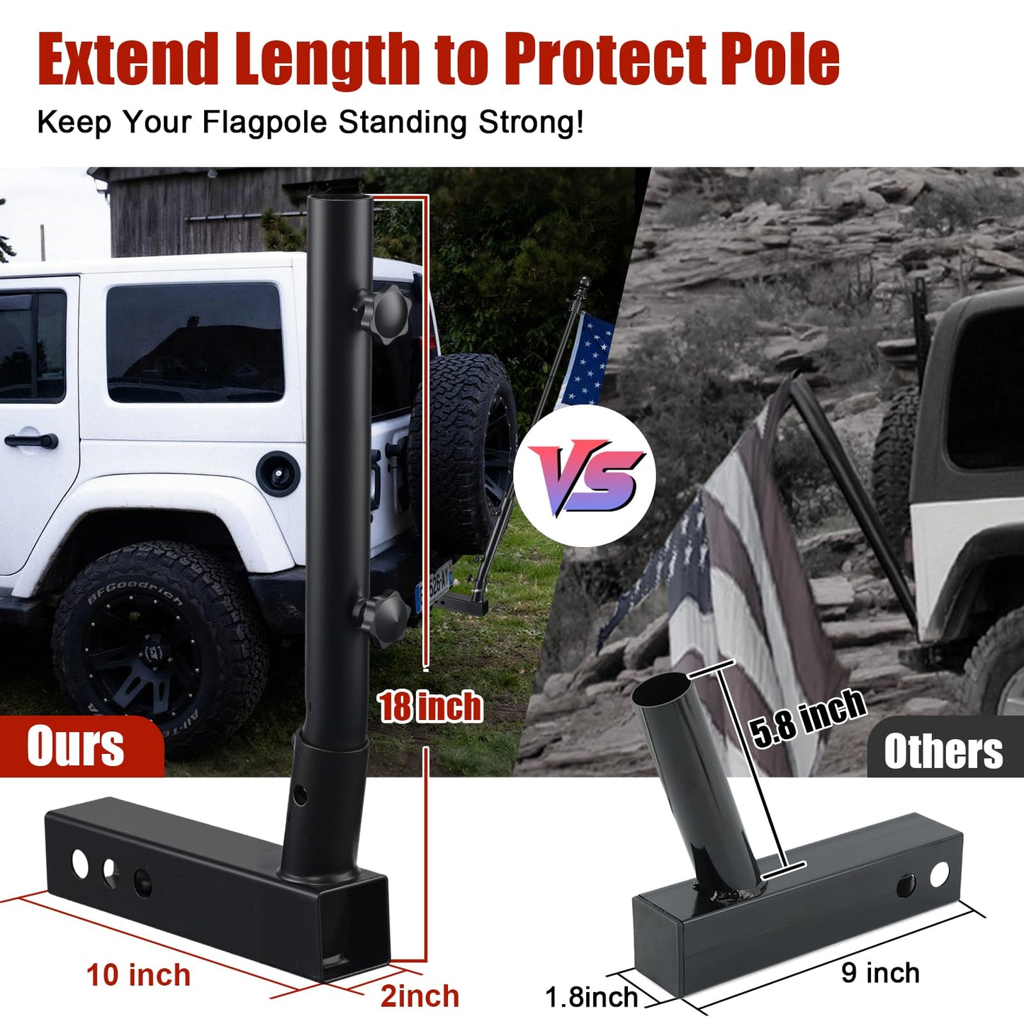 Truck Flag Pole with Hitch Holder – 5FT Heavy Duty Flagpole Mount Kit for Tow Hitch, Dual Angle Mount, Long Protect Sleeve Windproof Design for Trucks, Jeep & Trailer,Black