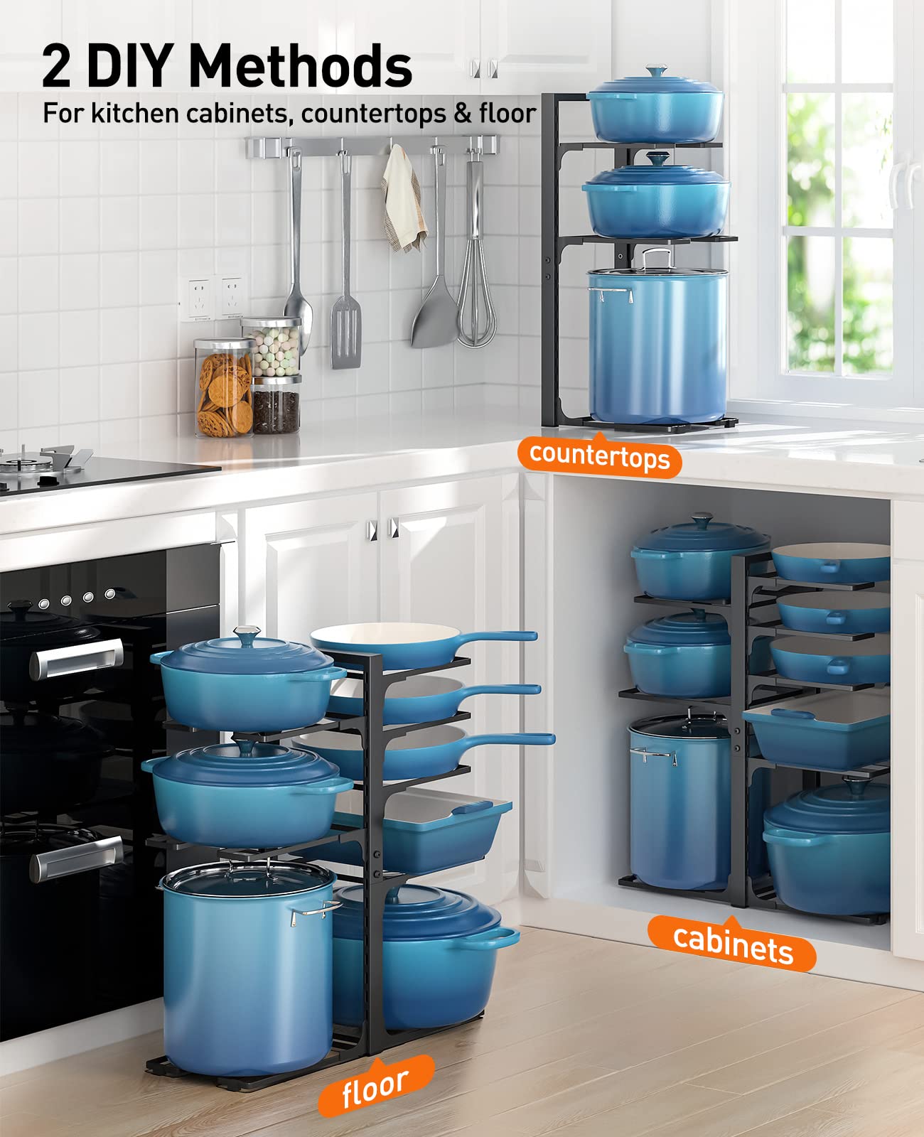 ORDORA Pots and Pans Organizer under Cabinet, 20.8" Height Heavy Duty 120LBS Pots Pans Organizer Rack for under Cabinet 8-Tier Adjustable for Big Stockpots, Dutch Oven, Cast-iron Pans, Heavy Cookware