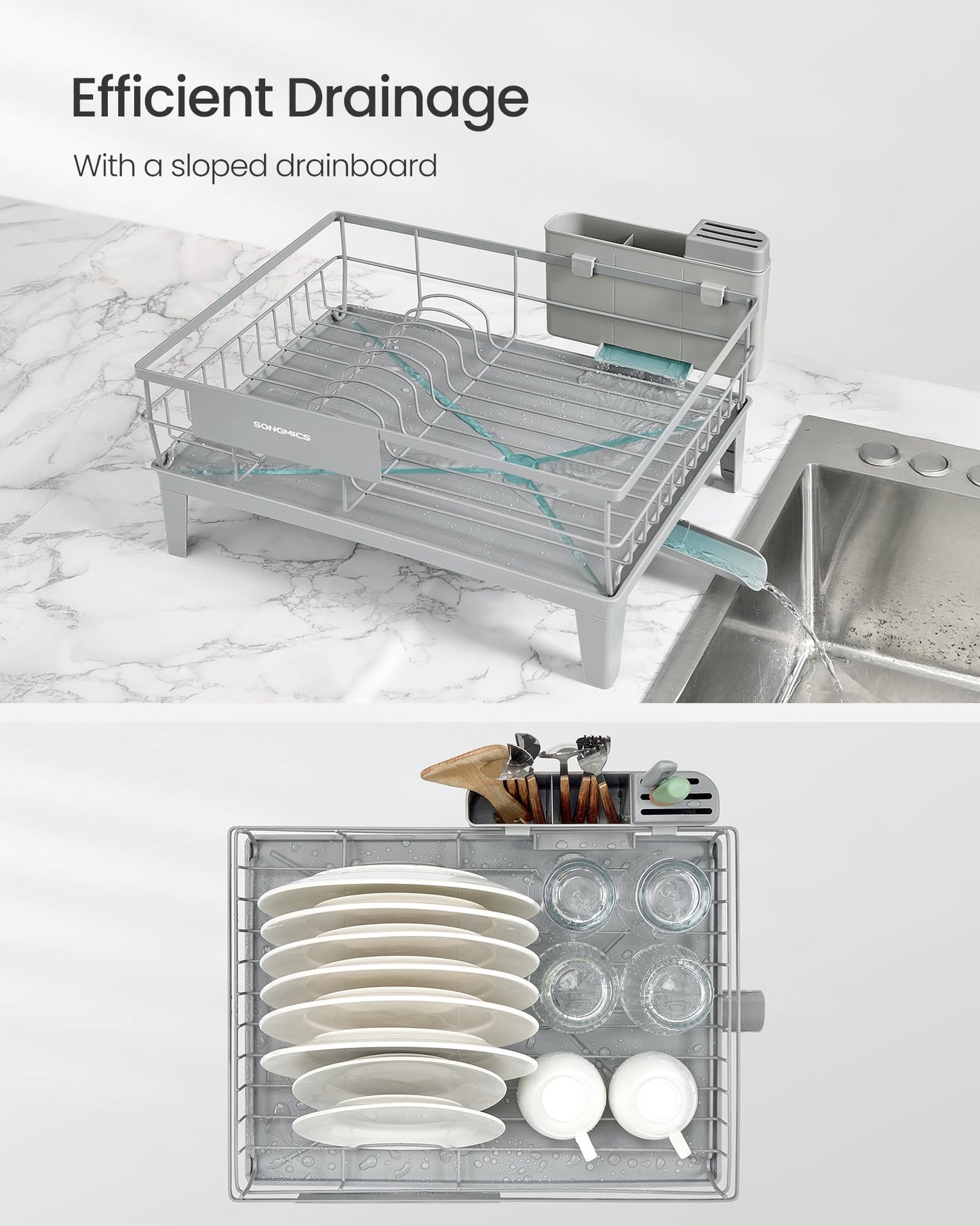 SONGMICS Dish Drying Rack, Kitchen Dish Rack, with Drainboard, 360° Rotatable and Extendable Spout, with Cutlery Holder, 31 x 42 x 18.5 cm, Dove Gray UKCS550G01