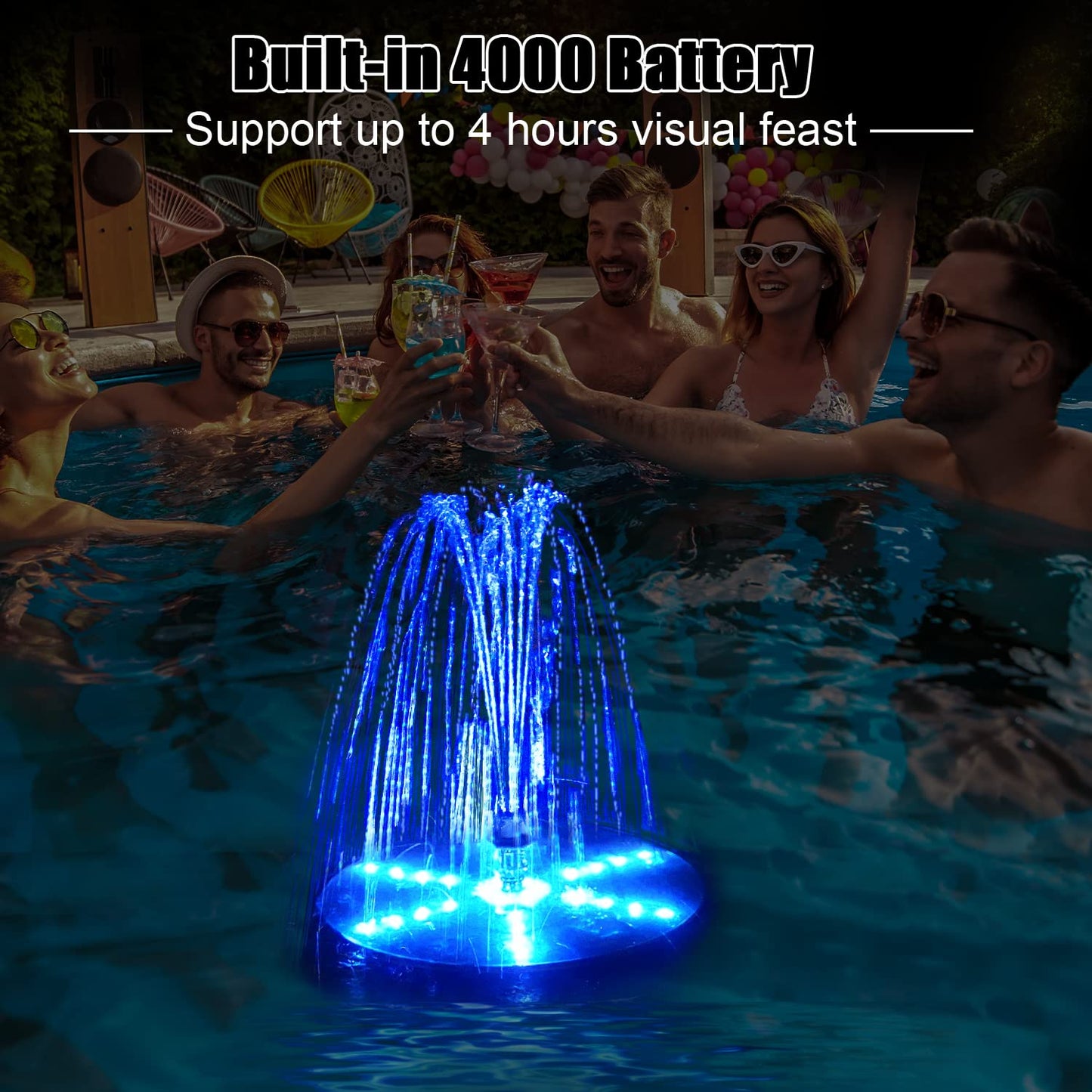 GAIZERL Solar Bird Bath Fountains Upgraded, 4W Solar Powered Water Fountain Pump with 7 Nozzles & 4 Fixers, 4000 Battery, 7 Colors LED Light for Garden, Pond, Pool, Fish Tank, and Outdoor