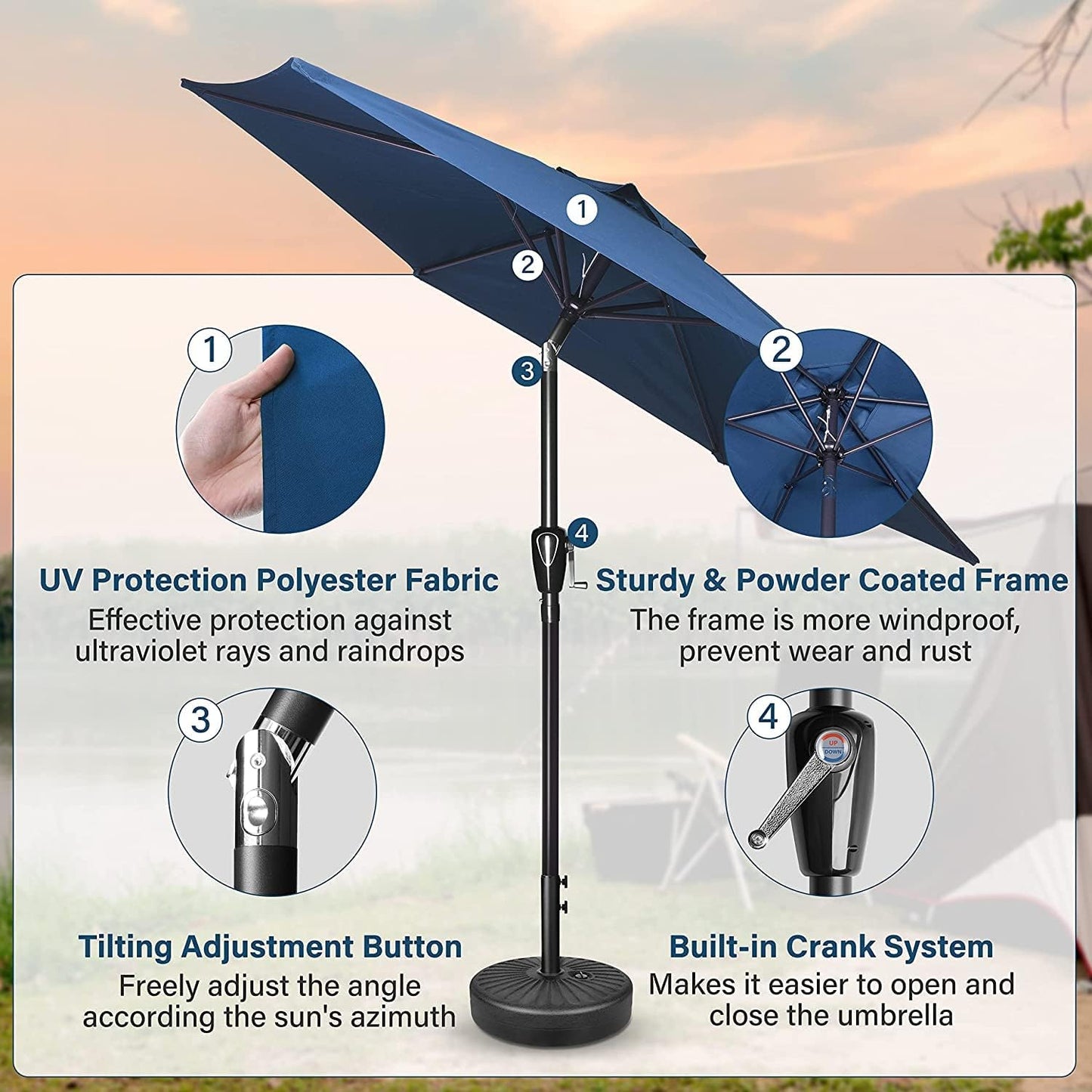 Simple Deluxe 9FT Outdoor Patio Umbrella Table Market Umbrella with Push Button Tilt and Crank, 8 Sturdy Ribs, UV Protection Waterproof for Garden, Lawn, Deck, Backyard, Pool, Blue