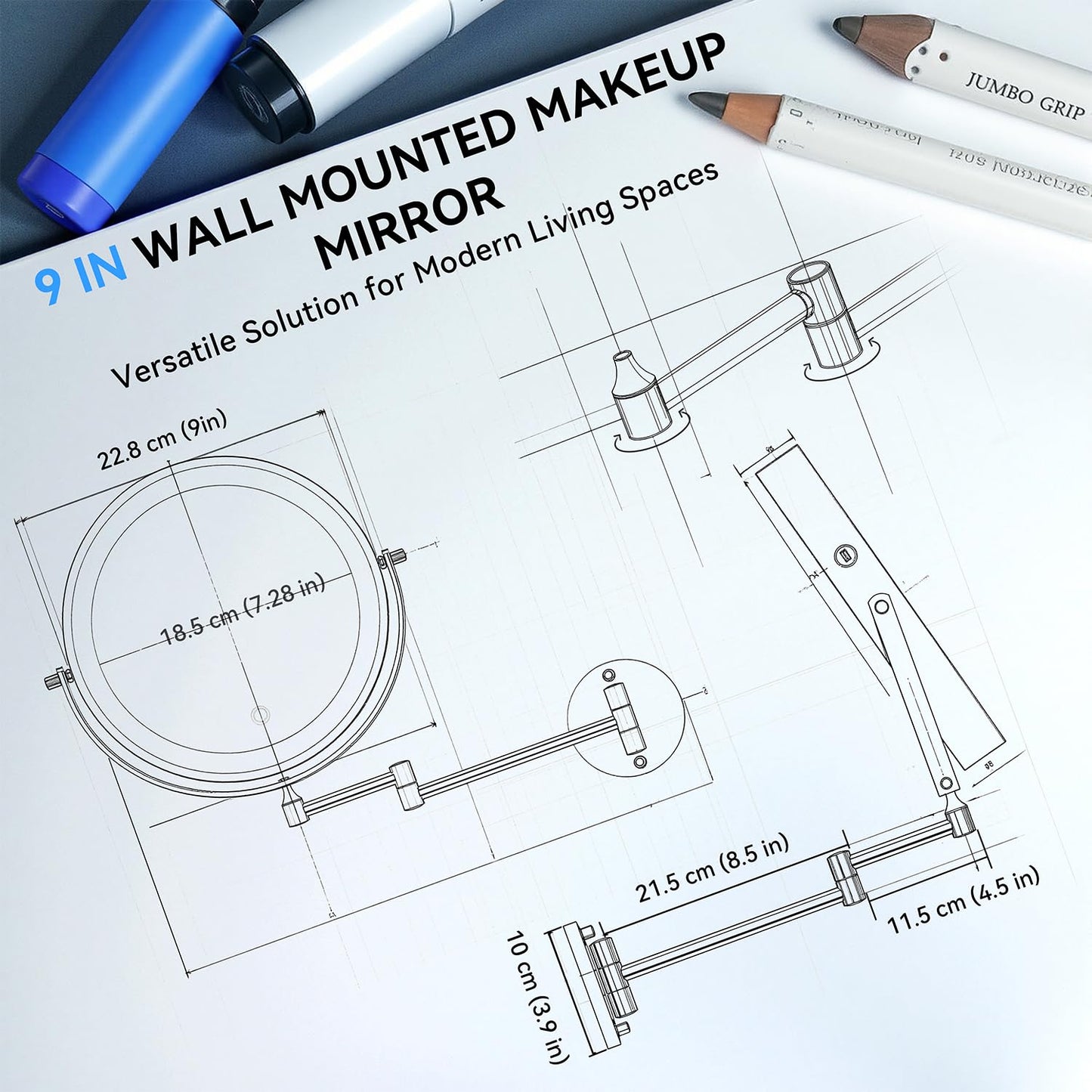 Auxmir 5000mAh Rechargeable Wall Mounted Makeup Mirror, 1X/30X Double-Sided Magnifying Mirror with Light, 9" Lighted Vanity Mirror with 3 Color Modes, Touch Dimmable, 360° Swivel Extended Arm, Chrome