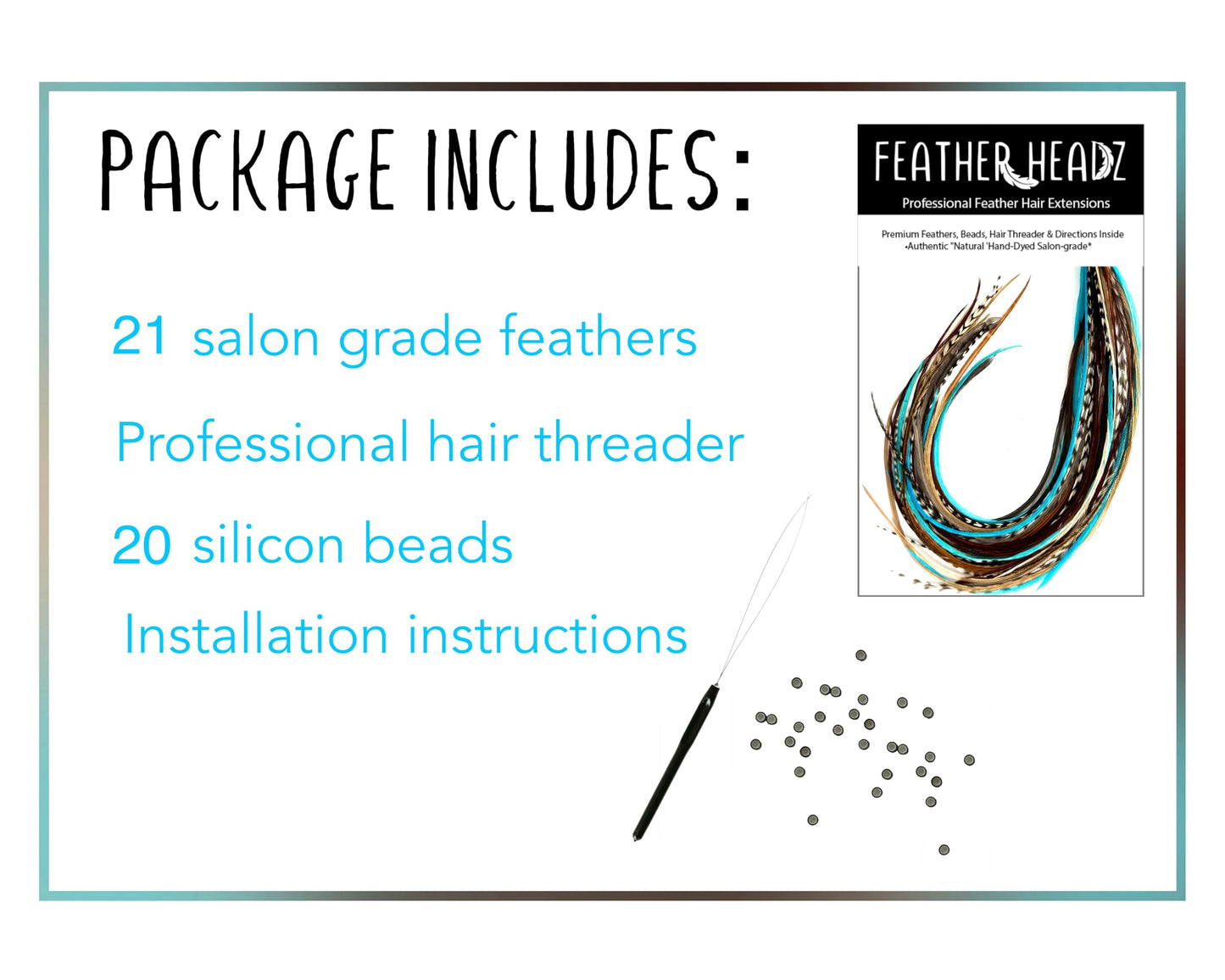 21 Natural & Turquoise Color Hair Extensions – 9”–14” Long – DIY Rooster Kit with 20 Micro-Link Beads – 100% Real Feathers – Eye-Catching Boho Style