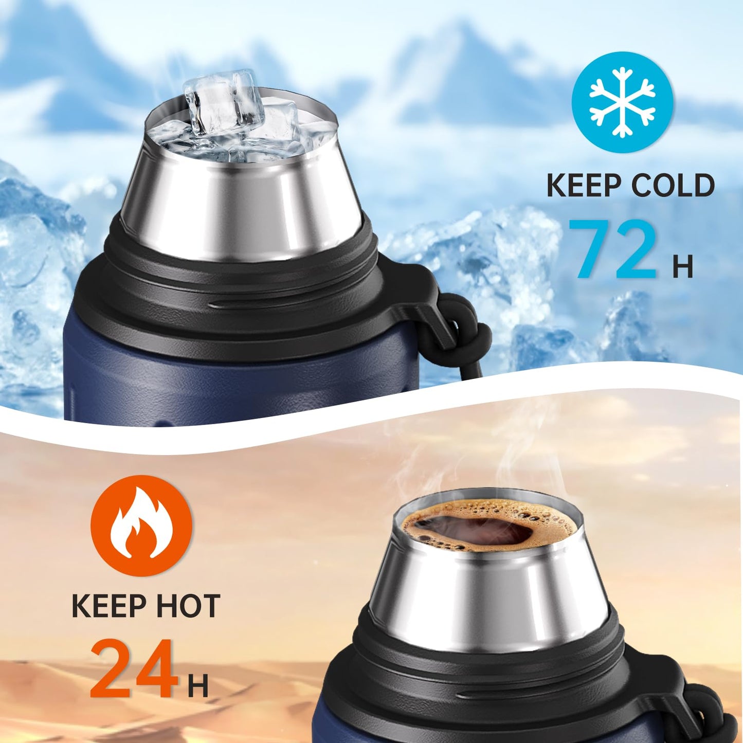 Heater 1L Thermo Water Bottle with Cup(72 hrs Ice Cold & 24 hrs Hot) Flask for hot Water with Removable Base and Filter 18/8 Stainless Steel Coffee Flask for Travel Office and School(Dark Blue)