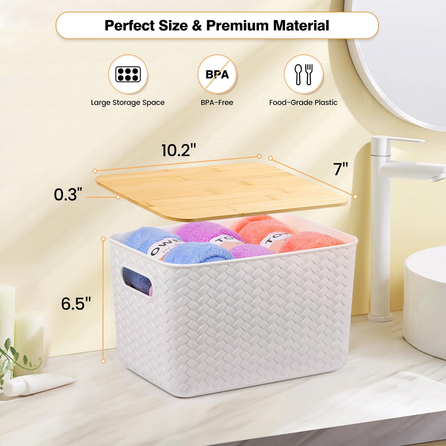 4 Packs Storage Bins with Bamboo Lids - Plastic Storage Containers with Lids Stackable Storage Box: Storage Baskets for Organizing Desktop Closet Playroom Classroom Office,White