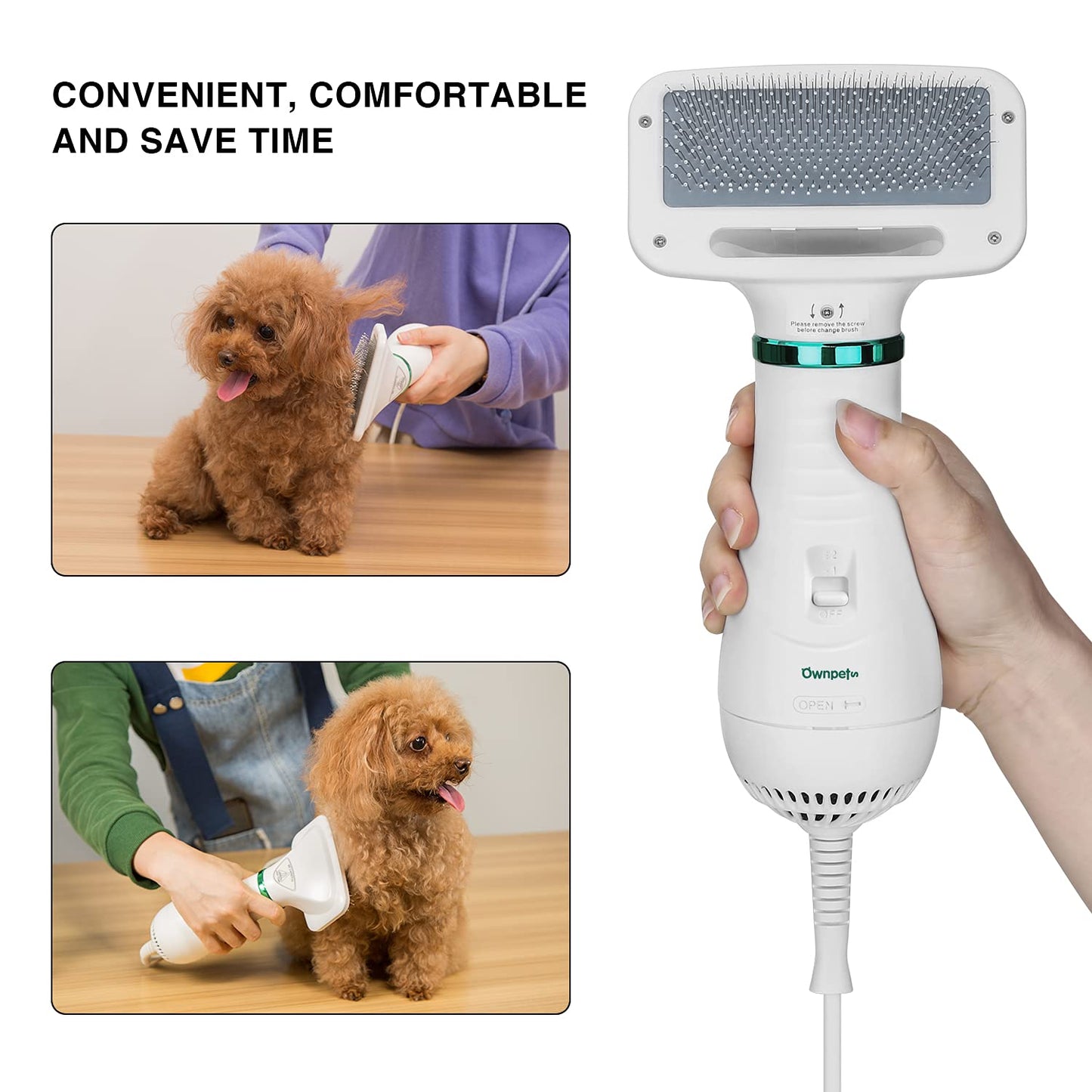 Ownpets Pet Hair Dryer, 2 in 1 Portable Home Pet Grooming Hair Dryer, Adjustable Temperature Settings & Low Noise, Pet Care for Medium Small Large Dogs Cats,with Slicker Brush and Fur Remover