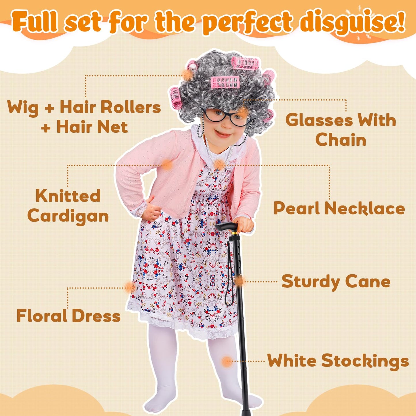 Cosweet Old Lady Costume for Girls, Grandma 100th Day of School Accessories for Kids 3-10 Years Cosplay Wig Dress up
