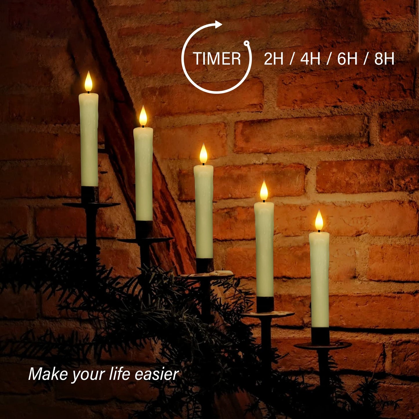 Real Wax LED Flameless Taper Candles with Remote Timer, 6.4 Inch Ivory LED Candlesticks Battery Operated with 3D Flickering Flame for Christmas Window Halloween Wedding Party Home Decor