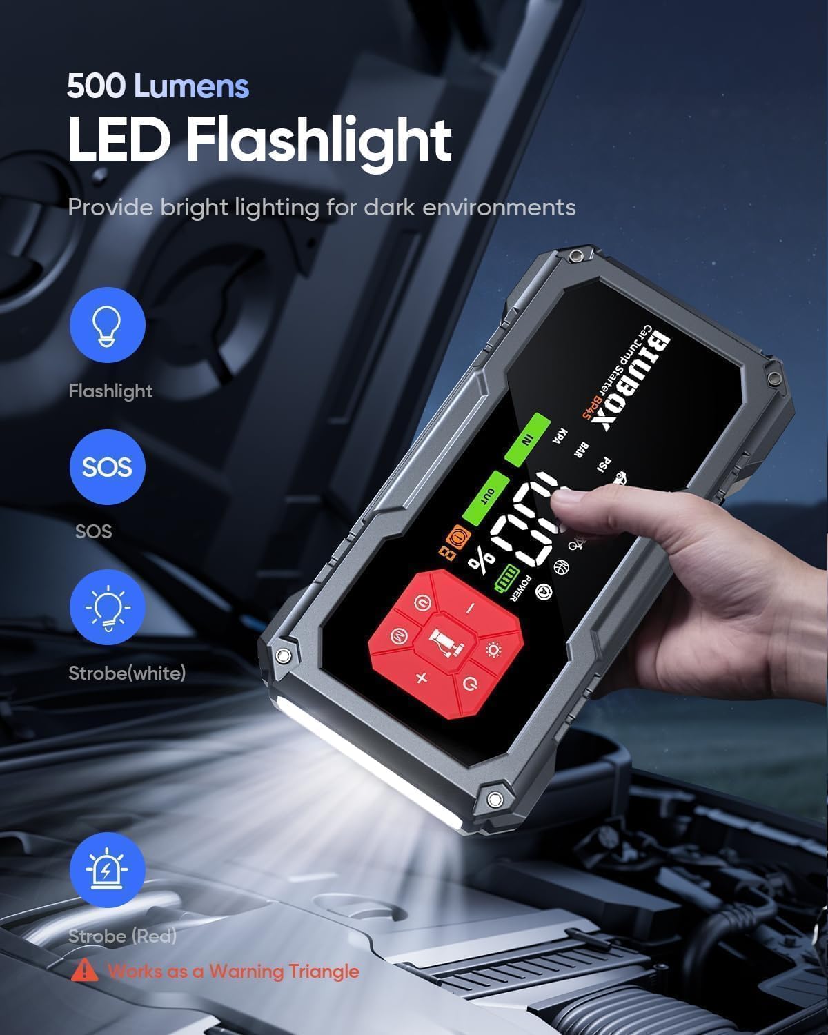 Car Battery Booster Pack Jump Starter with Air Compressor, BiuBox 7000A 150PSI Car Booster Battery Pack (All Gas/9L Diesel), 12V Portable Car Jump Starter with LED Display, 10 Protections, 500lm Light