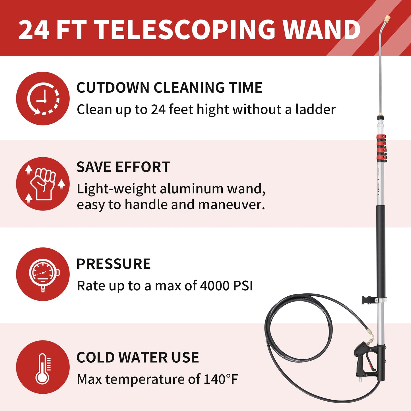 24 FT Telescoping Pressure Washer Wand - High Pressure Washer Wand Included Power Washer Extension Wands, Gutter Cleaner, Brush, Spray Nozzle Tips, Hose Adapters and Support Belt (24FT-HSE)