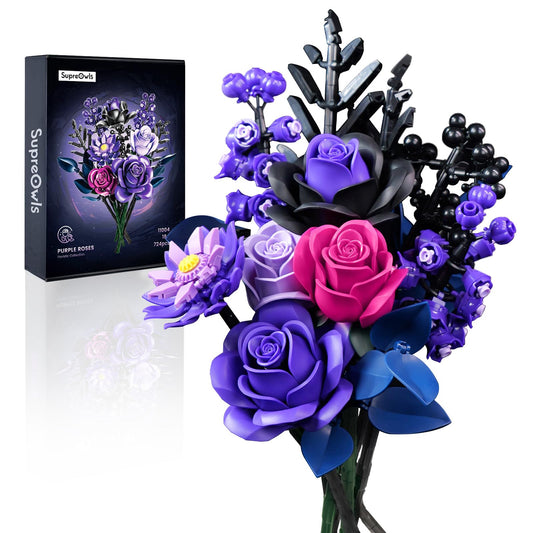 Purple Flower Bouquet Building Set,Rose Botanical Collection Blocks Kit,Compatible with Lego,Halloween Christmas for Adults Women,Artificial Flowers Gothic Decor