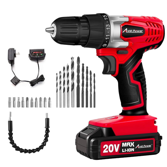 AVID POWER Cordless Drill Set, 20V MAX Electric Battery Power Drill/Driver Kit with Battery and Charger, 3/8-Inch Keyless Chuck, Variable Speed, 16 Position and 22pcs Drill Bits (Red)