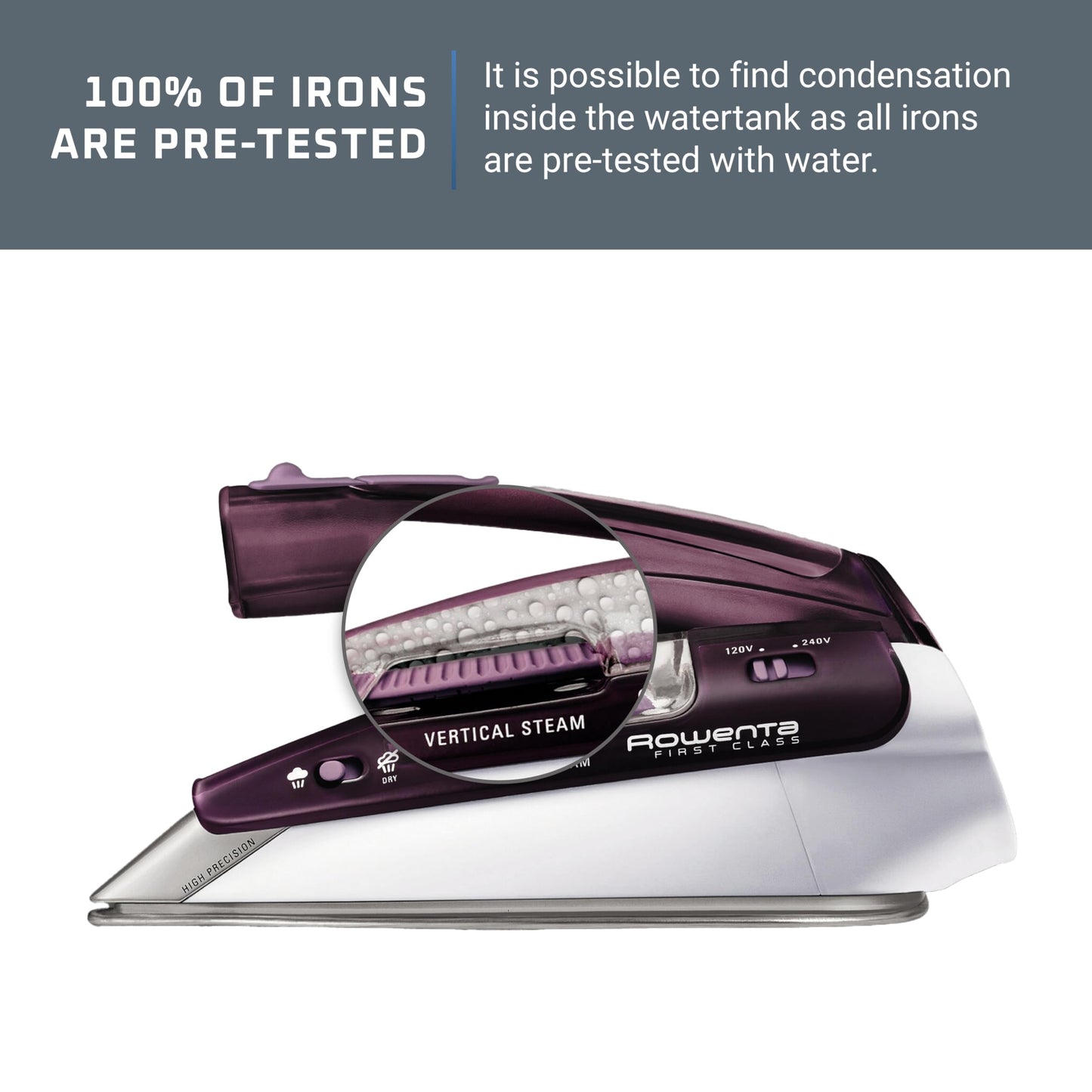 Rowenta Travel Iron, Pro Compact Stainless Steel Soleplate Hand Held Steamer Iron for Clothes, 200 Microsteam Holes, 1000 Watts Ironing, Fabric Steamer, Dual Voltage, Purple, DA1560