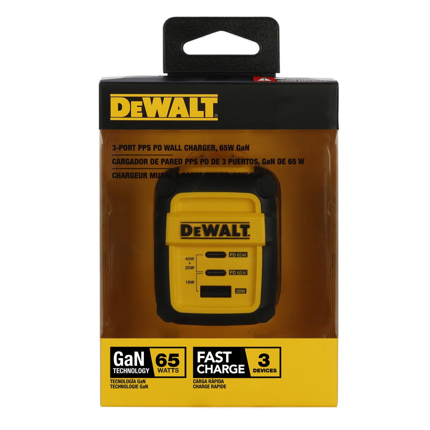 DEWALT Heavy Duty 3 Port Dual USB C Charger Block, USB C Power Adapter GaN Charger (65W), PPS 3-Port Fast Compact Foldable for MacBook Pro/Air iPad Pro Galaxy S23 Dell XPS 13 iPhone 17/16/15