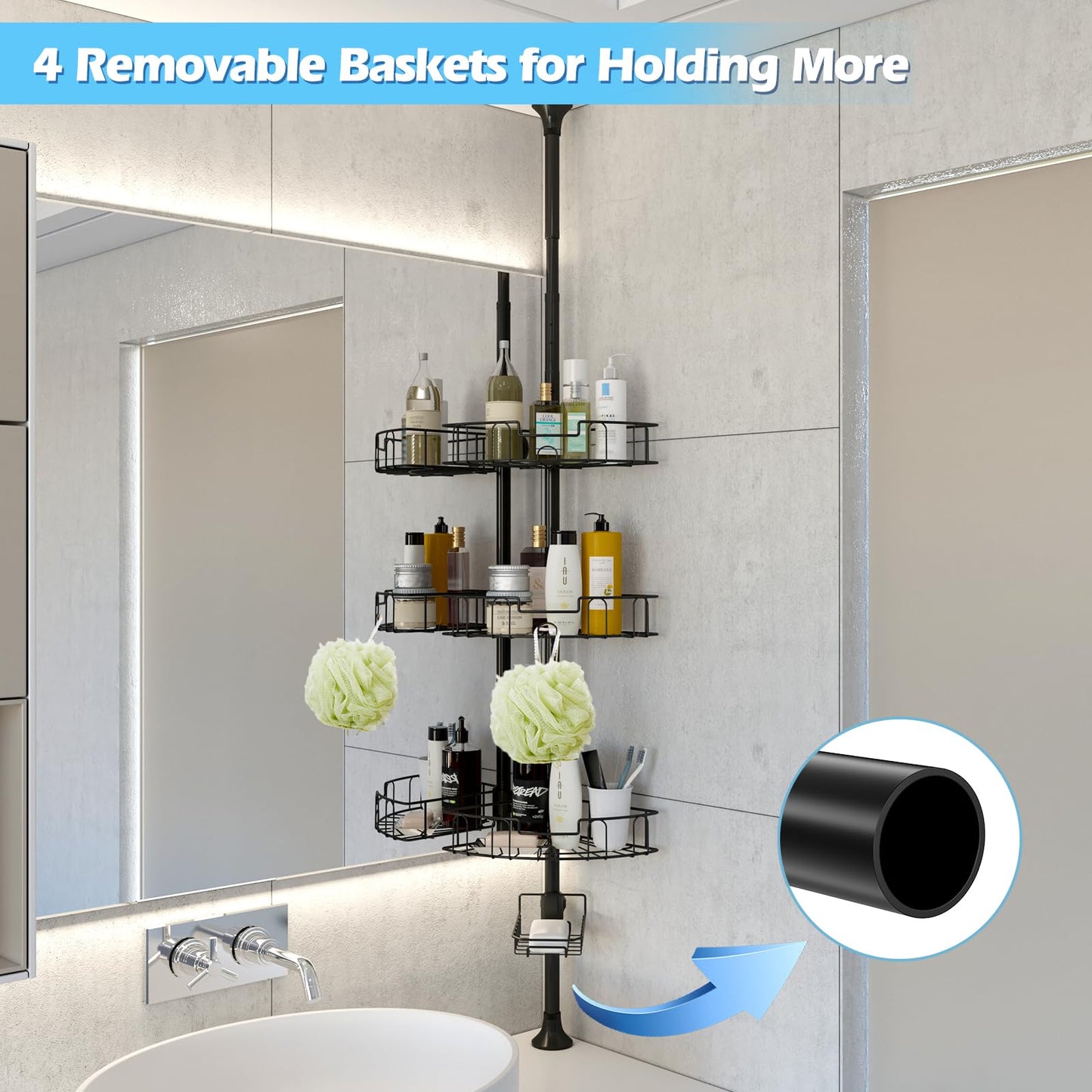 Corner Shower Caddy, Adjustable 4 Layer Shower Organizer, Tension Pole Extend from 39 to 125 Inch Shower Shelf for Inside Shower Black