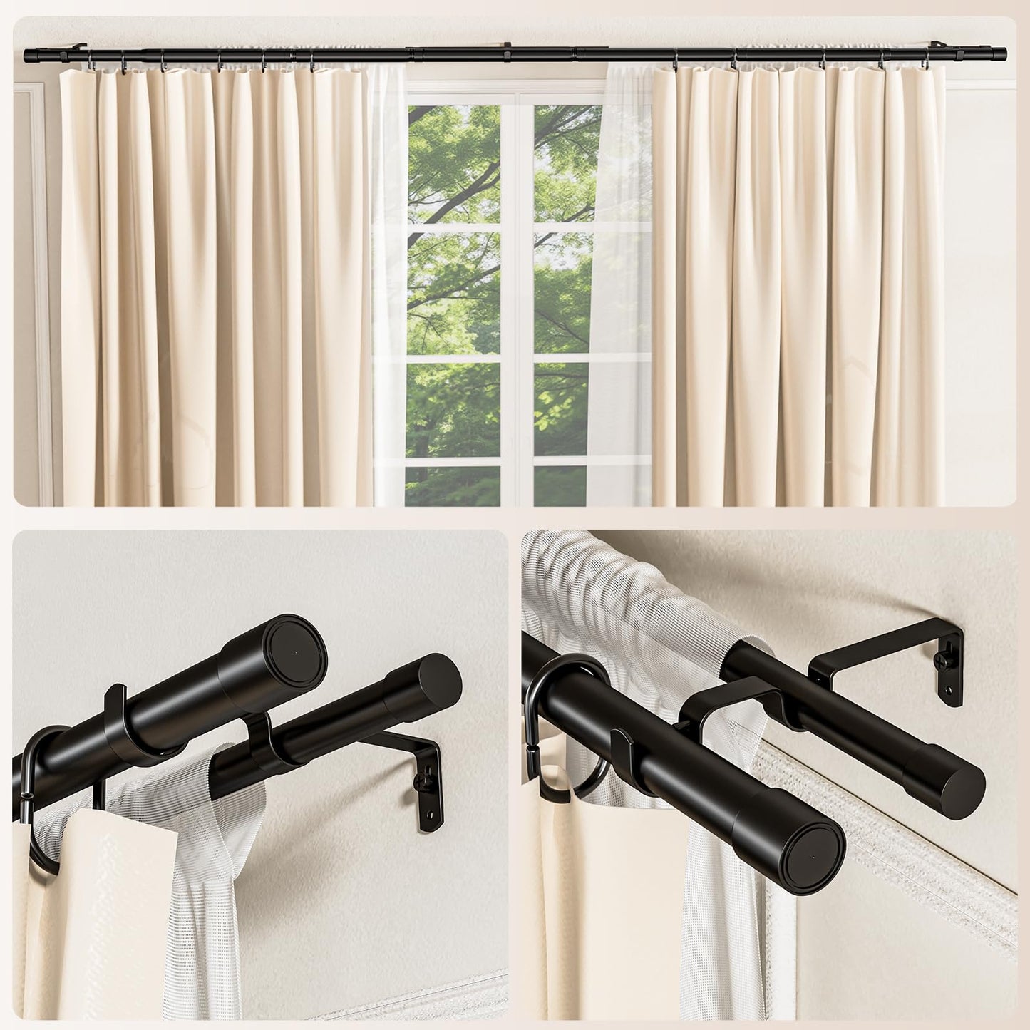 Abiglifty Double Curtain Rod 33 to 120 Inch, Telescoping Double Curtain Rods for Windows, Adjustable Double Curtain Rod for Windows, Blackout Curtain Rod with Classic Cap Finial, Black