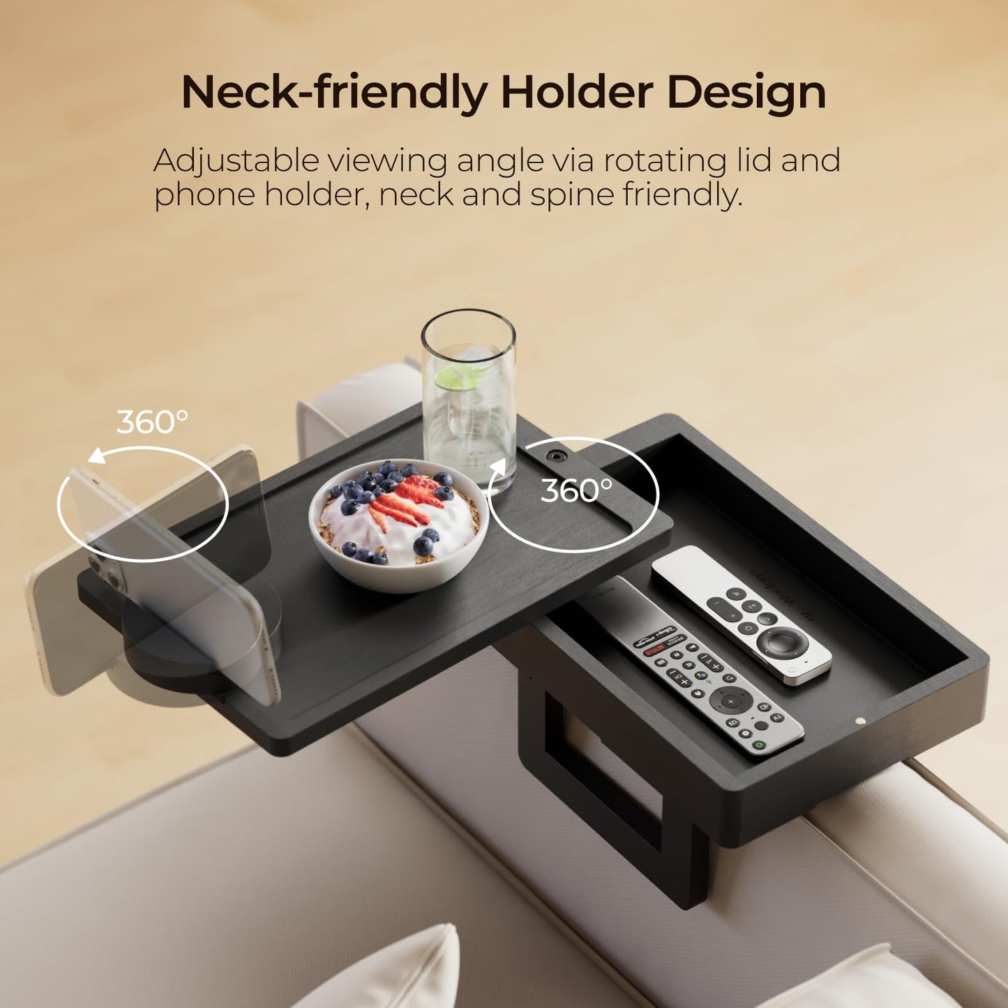 Wealone Mini Black Couch Arm Table for Narrow Armrest, Sofa Arm Tray with Storage Box, Rotating Tabletop and Phone Stand, Adjustable Sofa Arm Table Clip for Snacks or Dining, Armrest ≤7" Wide