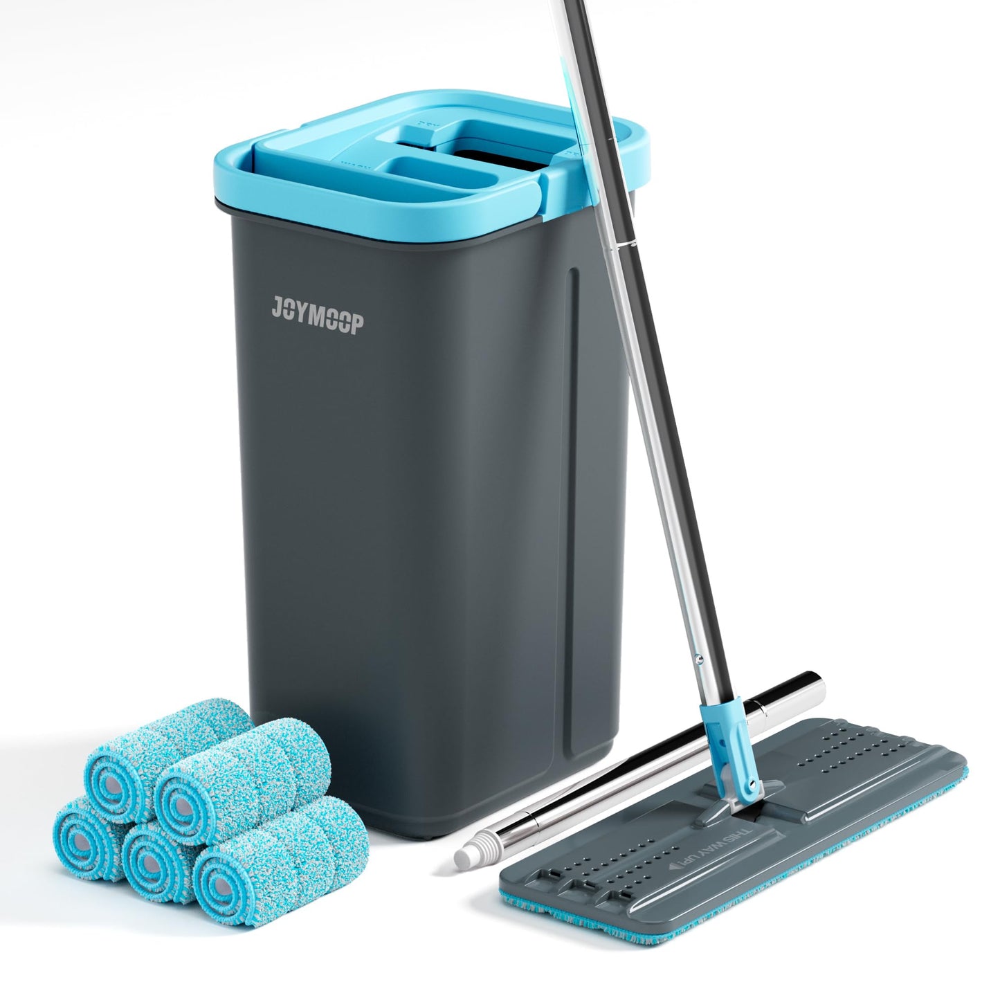 JOYMOOP Mop and Bucket Set with Wringer, with 5 Reusable Microfiber Mop Pads, mops for Floor Cleaning and Wall Cleaning, Hands-Free Flat mop for Home use - Grey+Cyan Blue