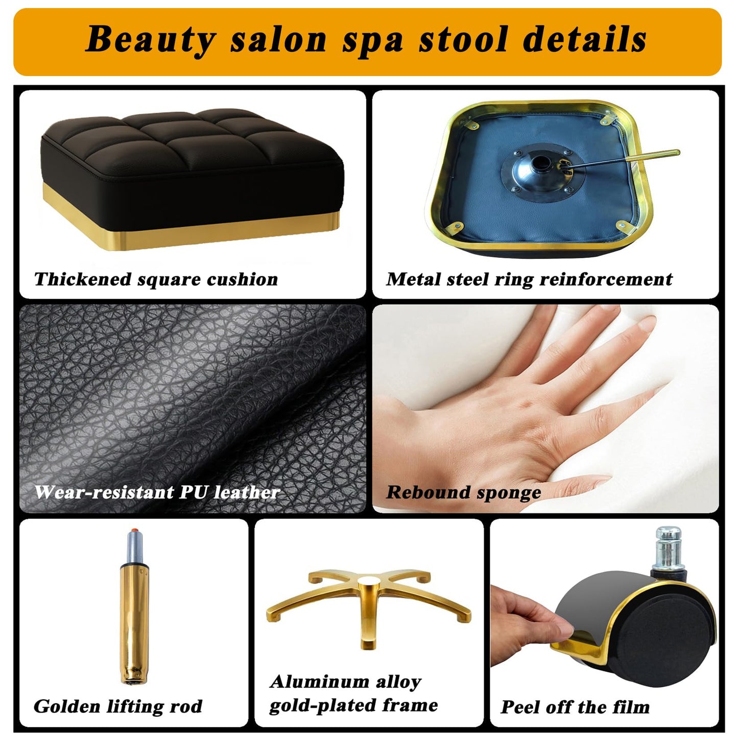 CQAEBK Square Rolling Stool Gold Adjustable Swivel Stools with Wheels, Vanity Lash Nail Salon Spa Roller Chair, Esthetician Massage Office Pedicure Stool, Heavy Duty Gold Plated Frame (Black)