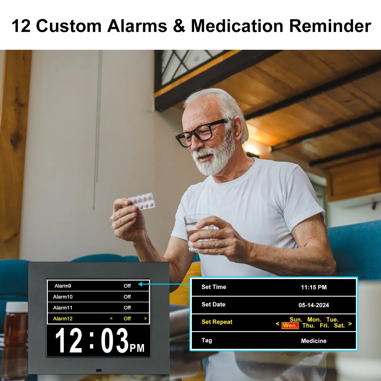 KASTISS 8 inch Digital Clock for Seniors, Calendar with Date & Week and Time for Elderly, Large Display Dementia Clock with SD Card Slot, Programmable Medication Reminder (Black)